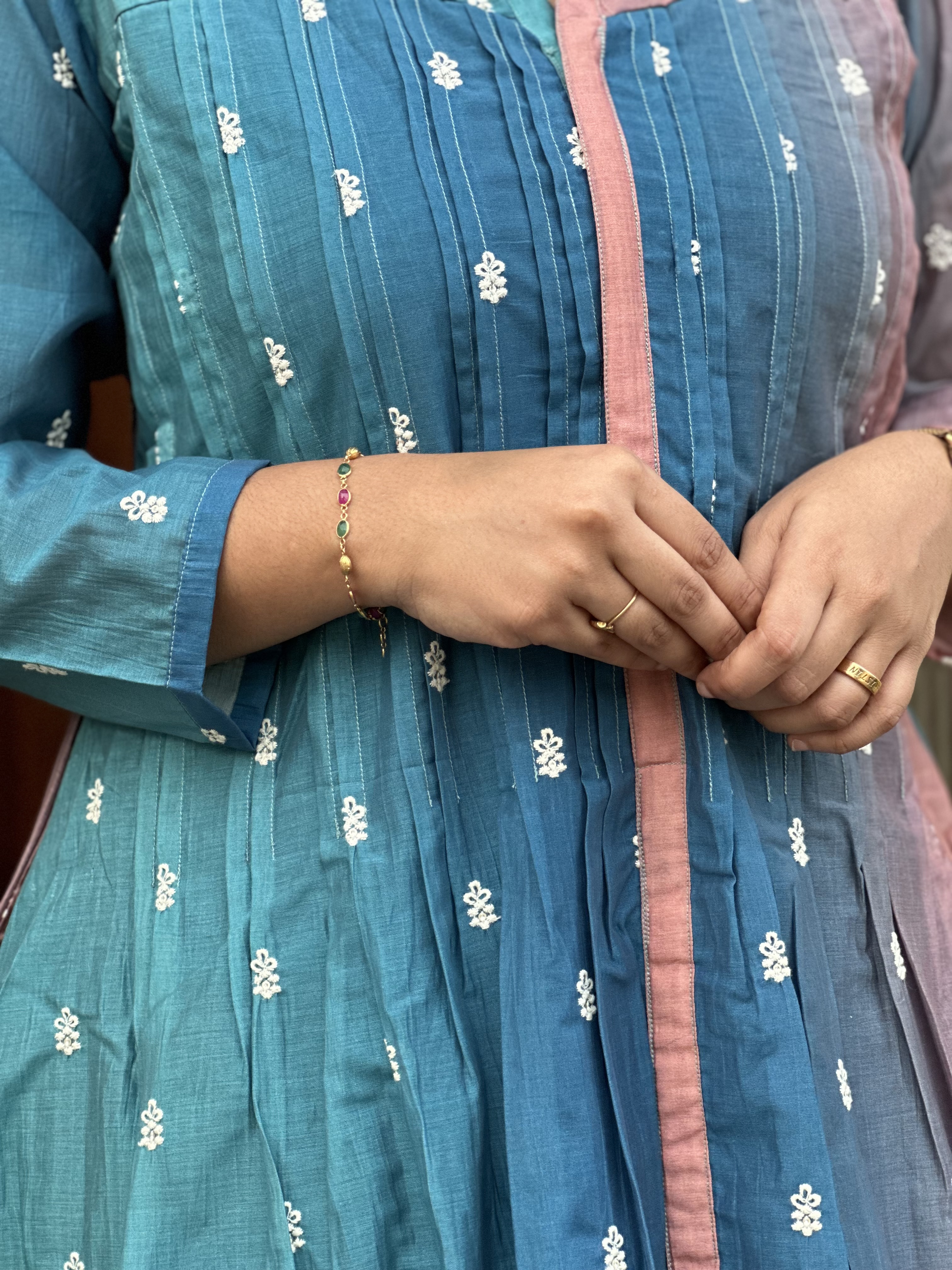 Embroidered blue pink dual-tone feeding kurti