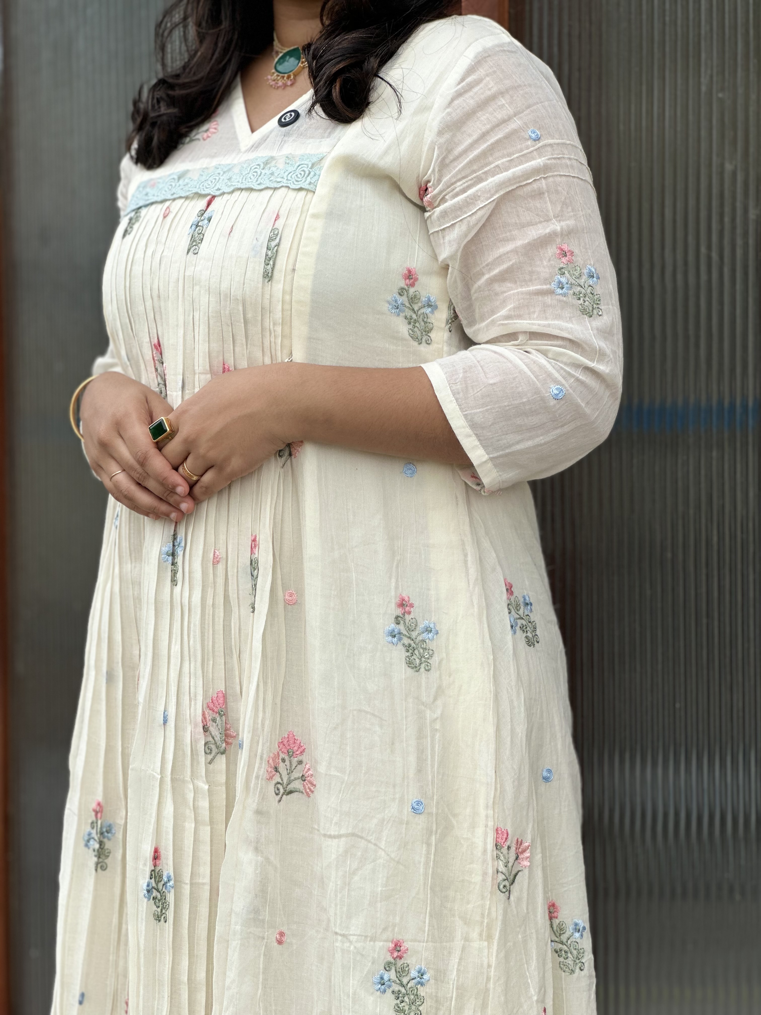 Embroidered Off-White feeeding Kurti