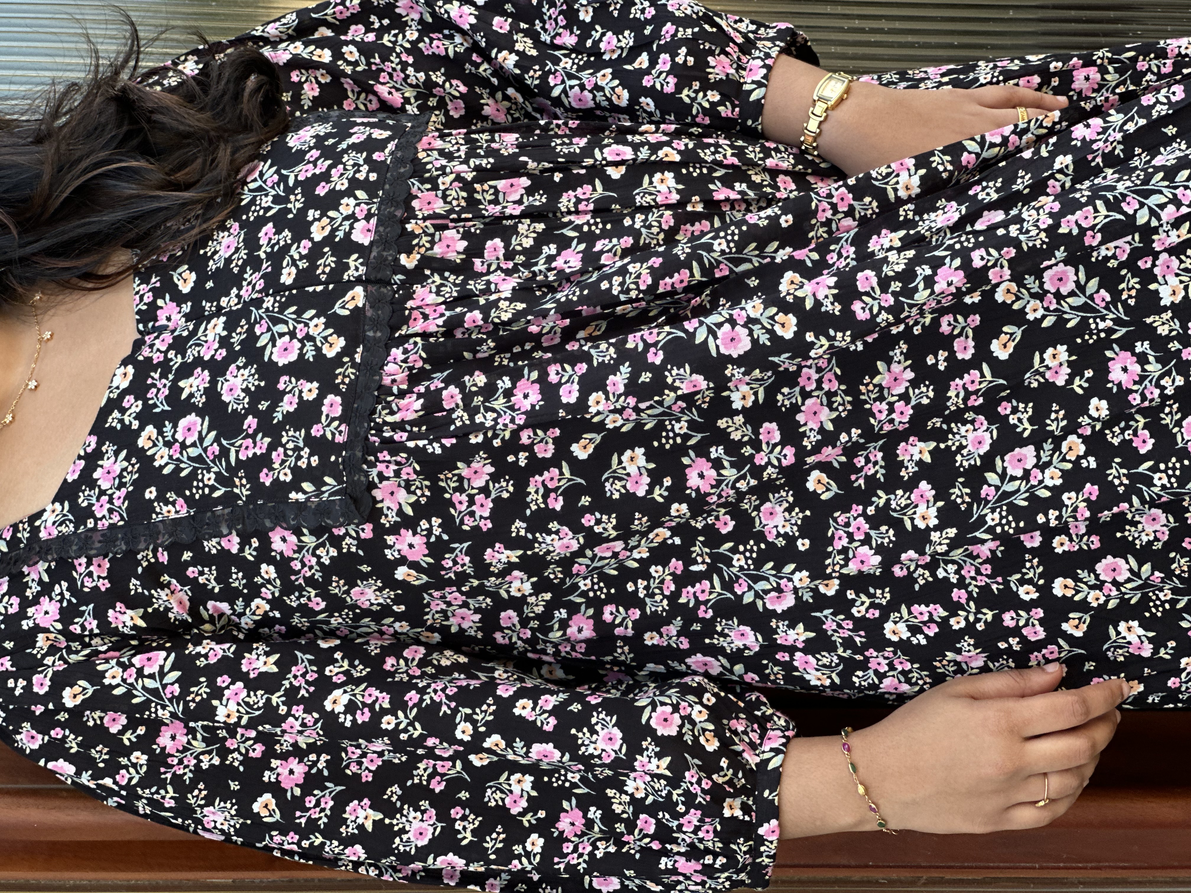 Black laced Floral Printed Long Sleeve Dress