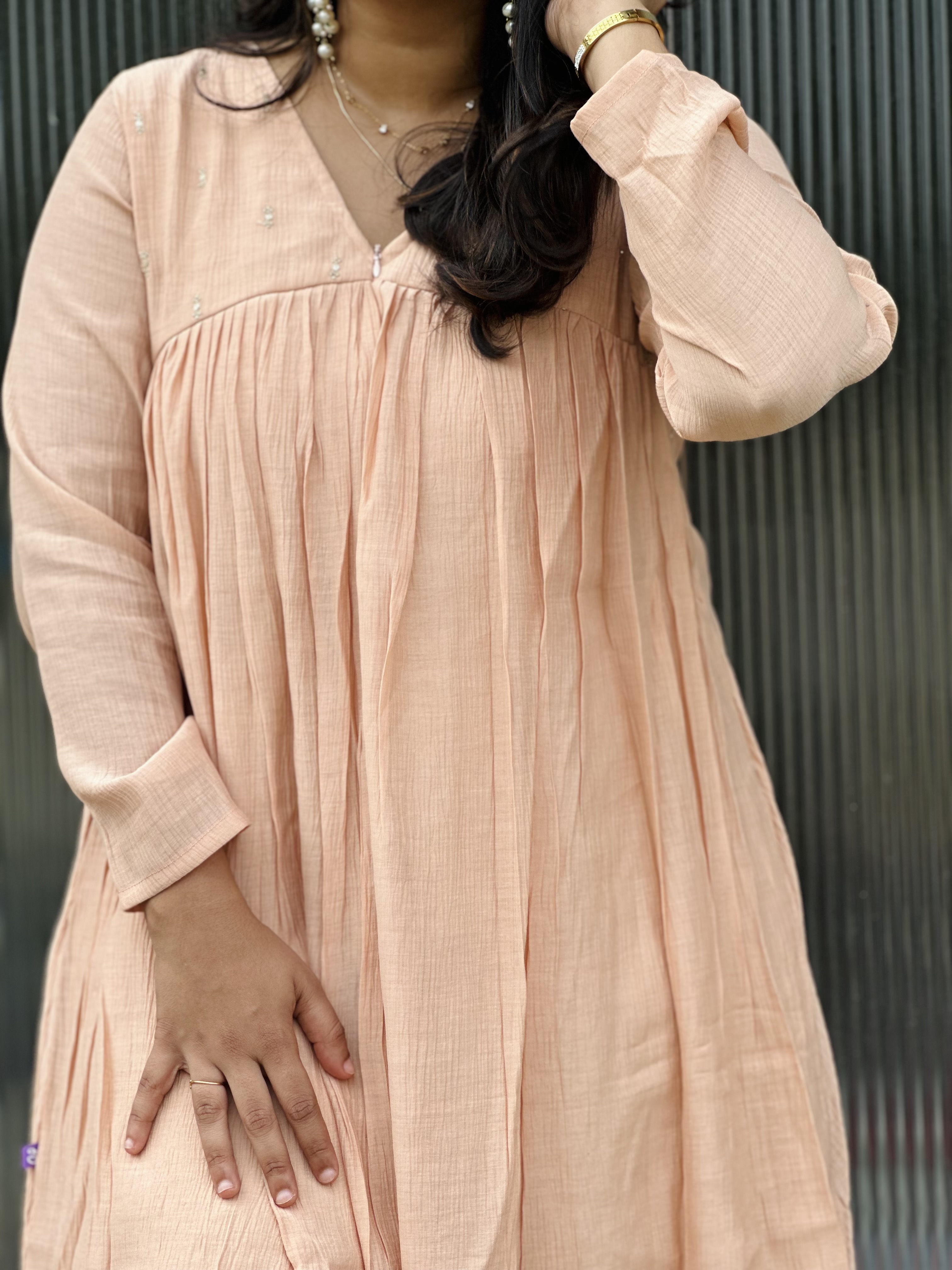 Light Peach crush Chanderi Long Flared Kurti