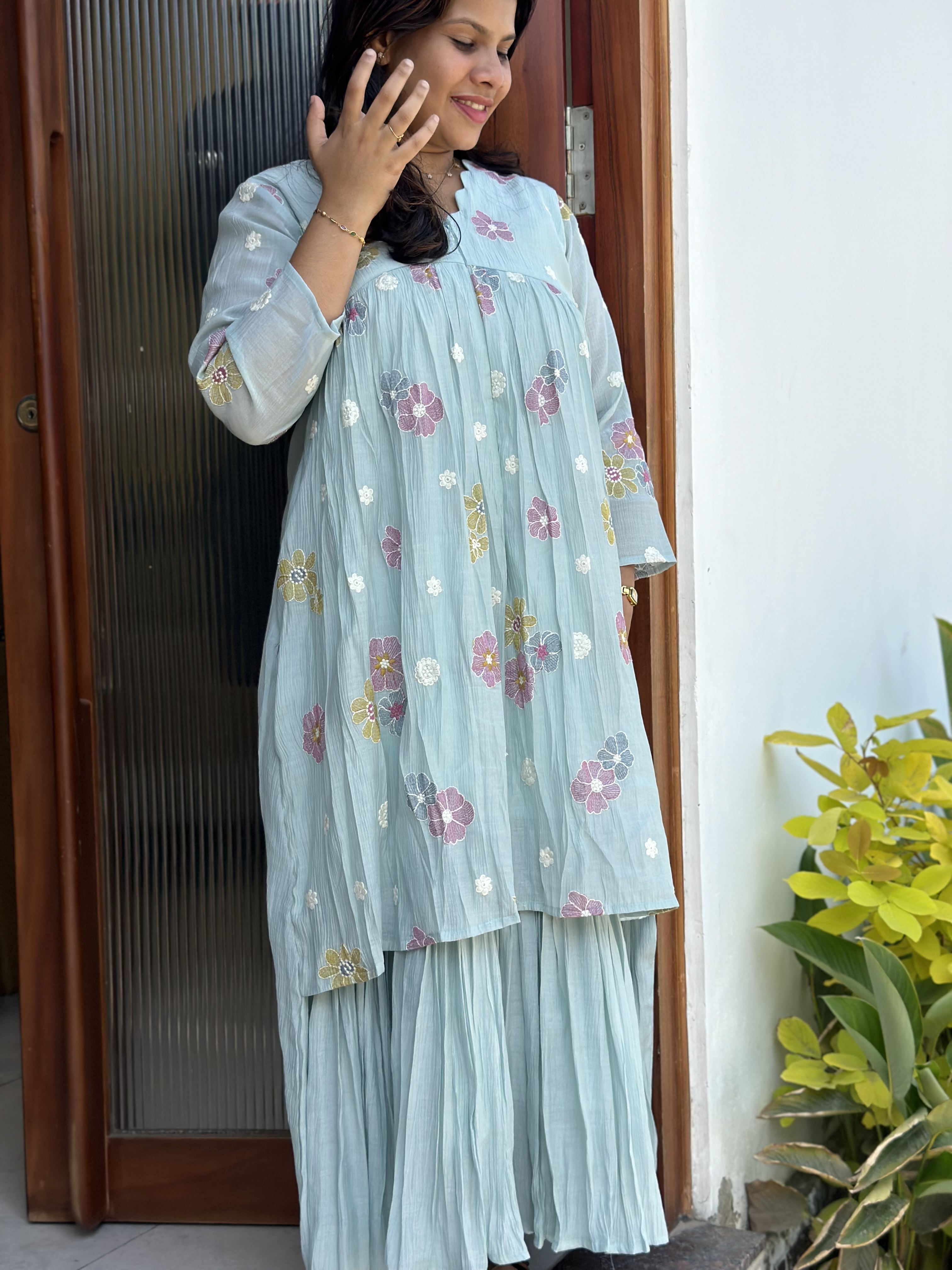 Pastel Blue crush Chanderi embroidered Feeding dress