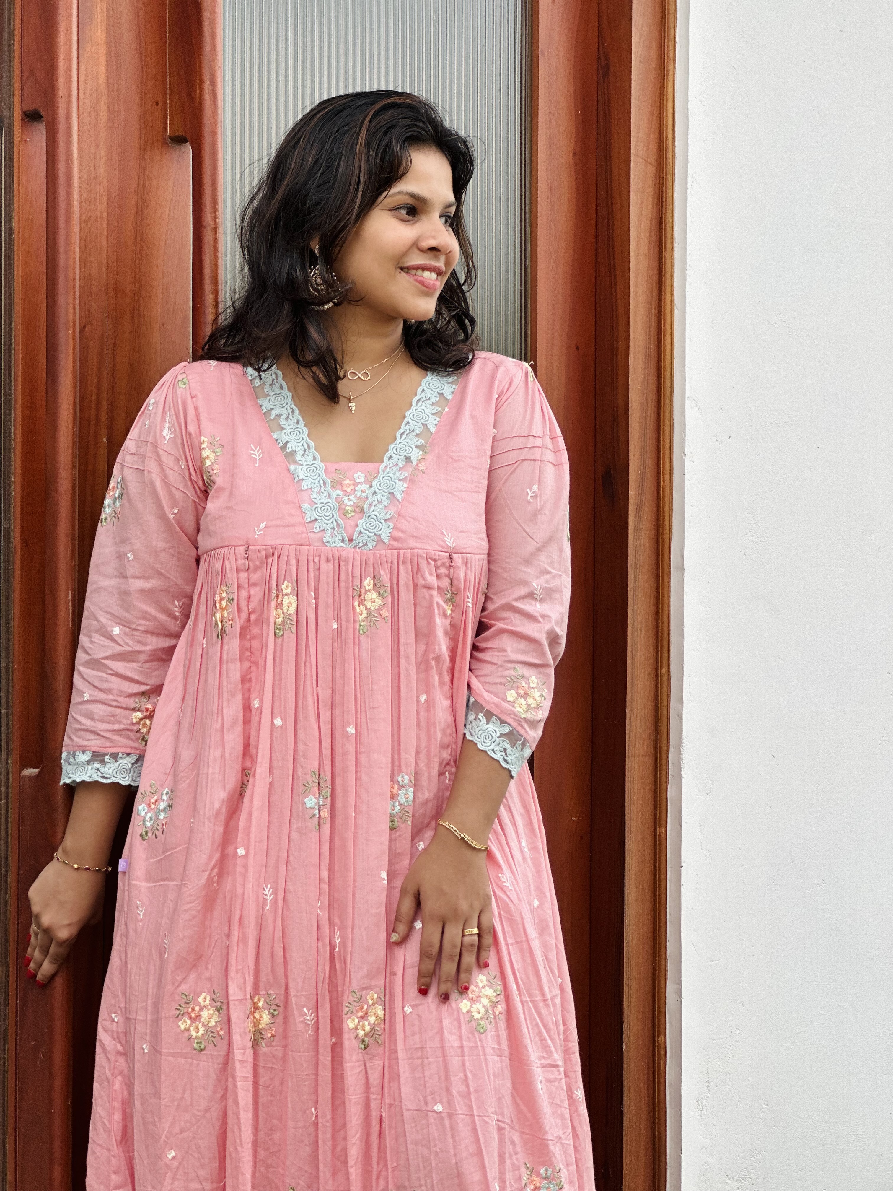 BABY PINK FLORAL MUL COTTON FEEDING DRESS