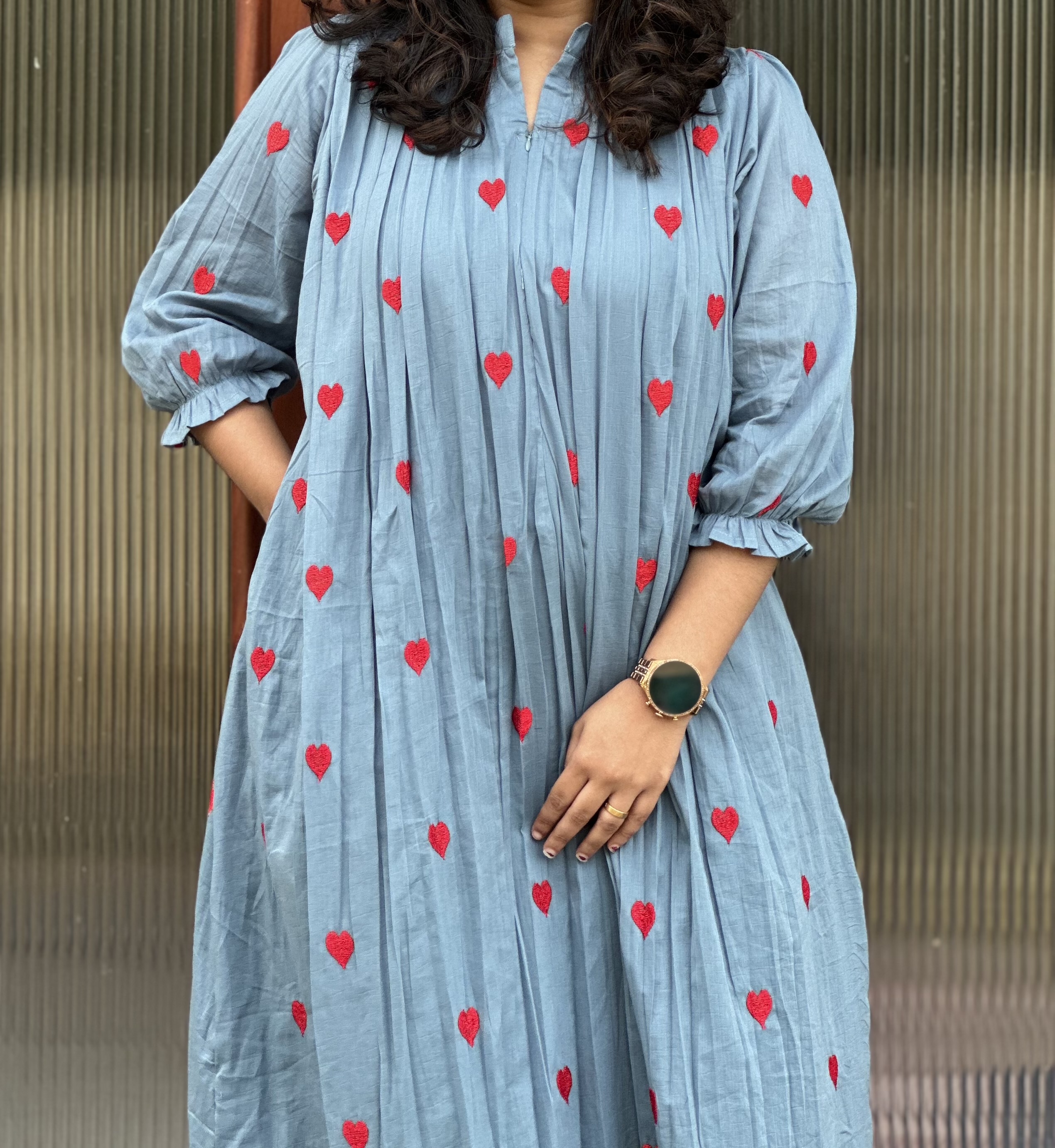 Blue Dress with Red Heart Embroidery