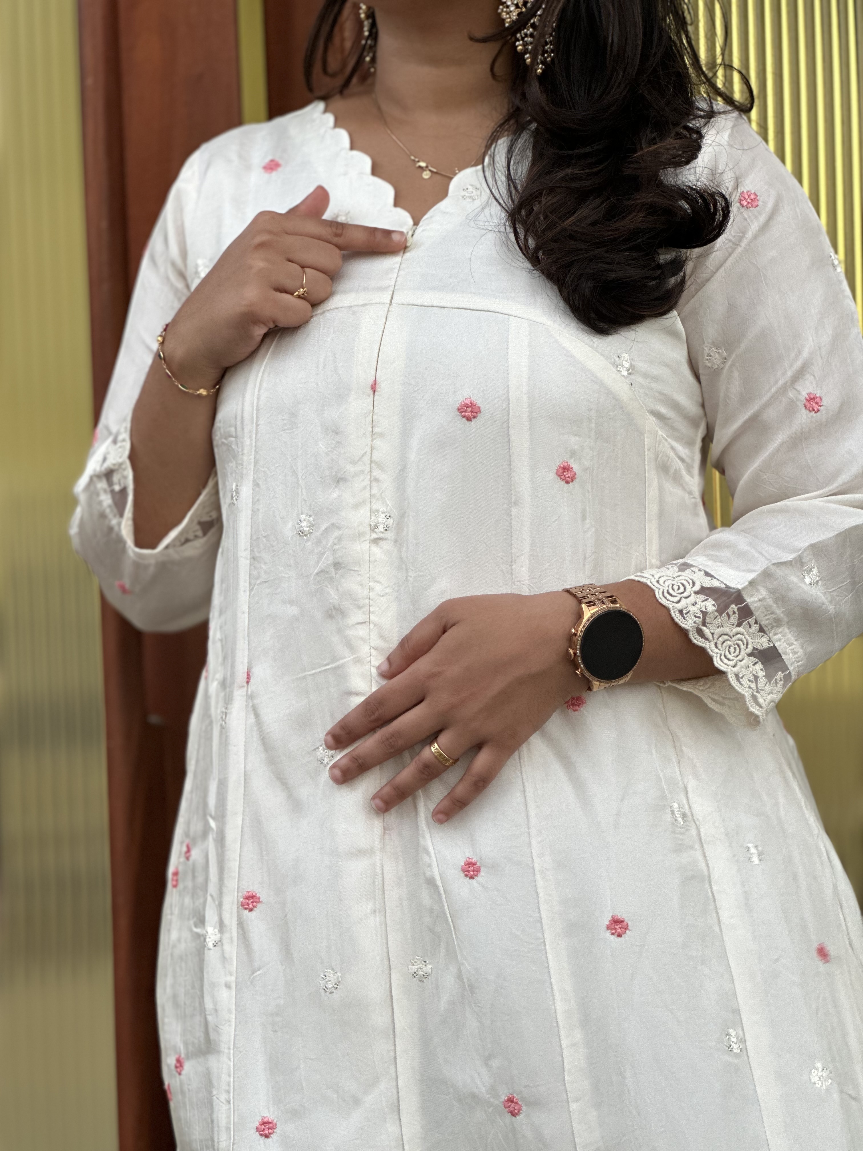 White dola silk  Embroidered feeding Kurti