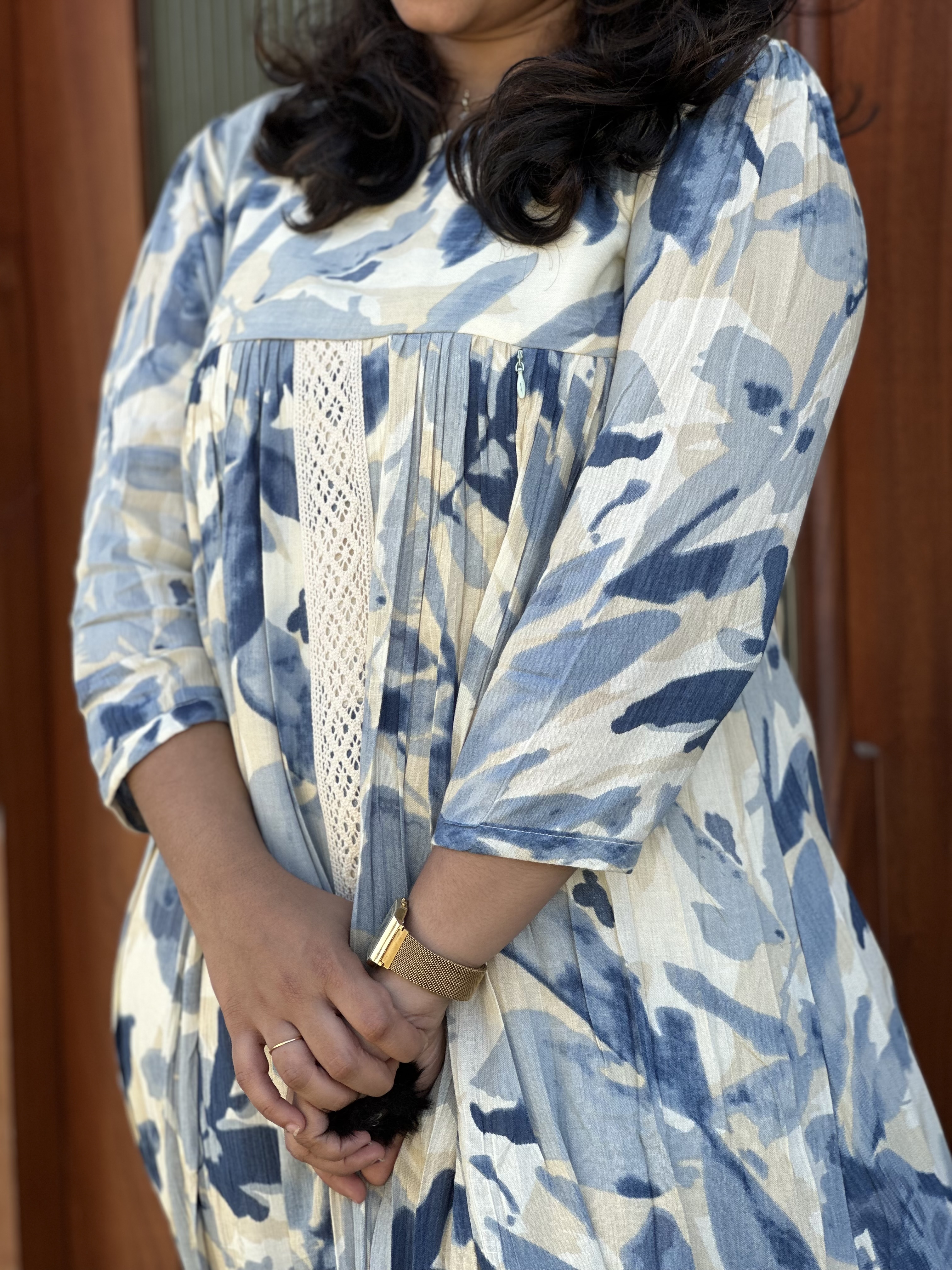 Blue Floral Printed lace feeding dress