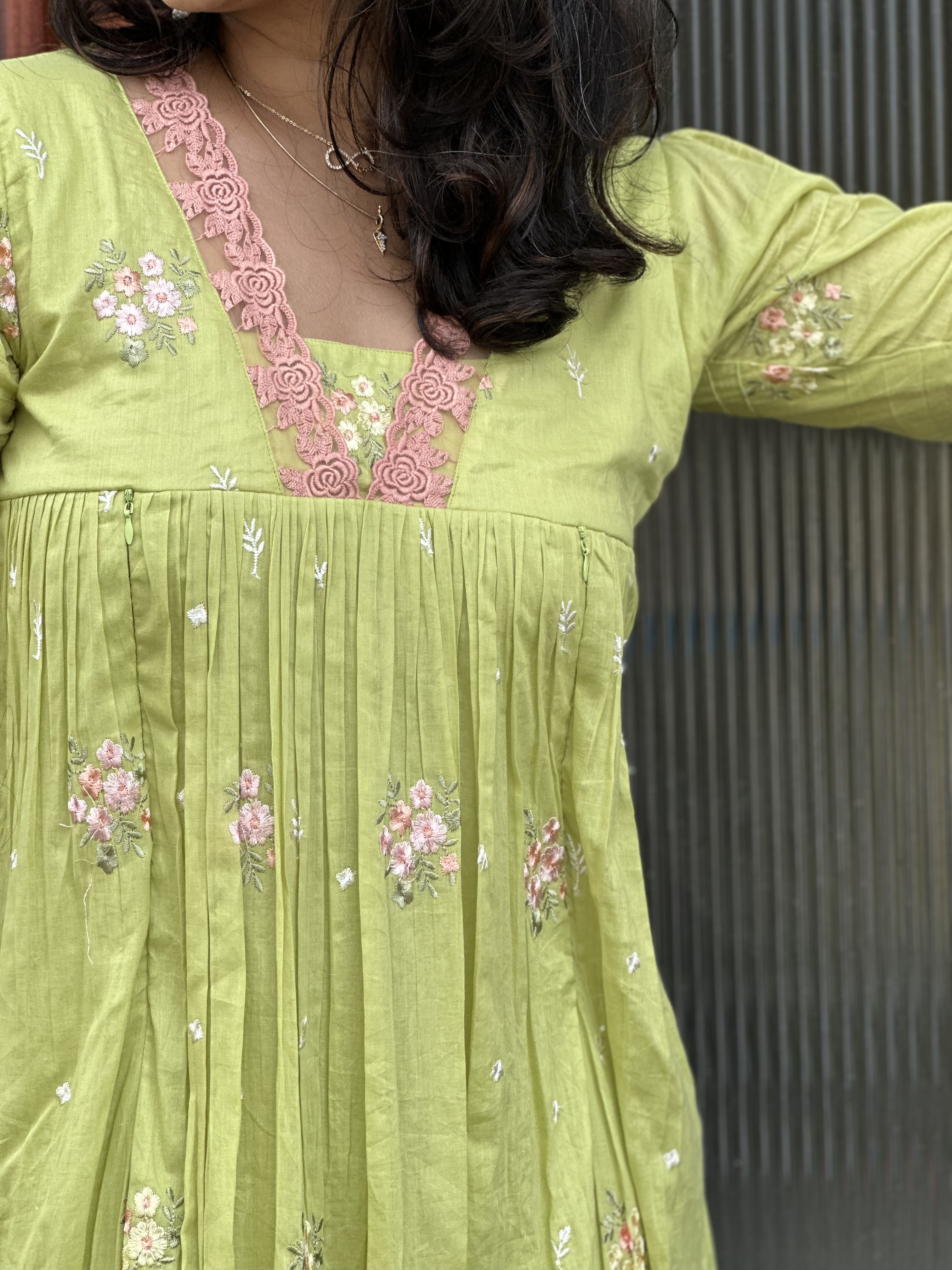 Embroidered Parrot green Feeding dress