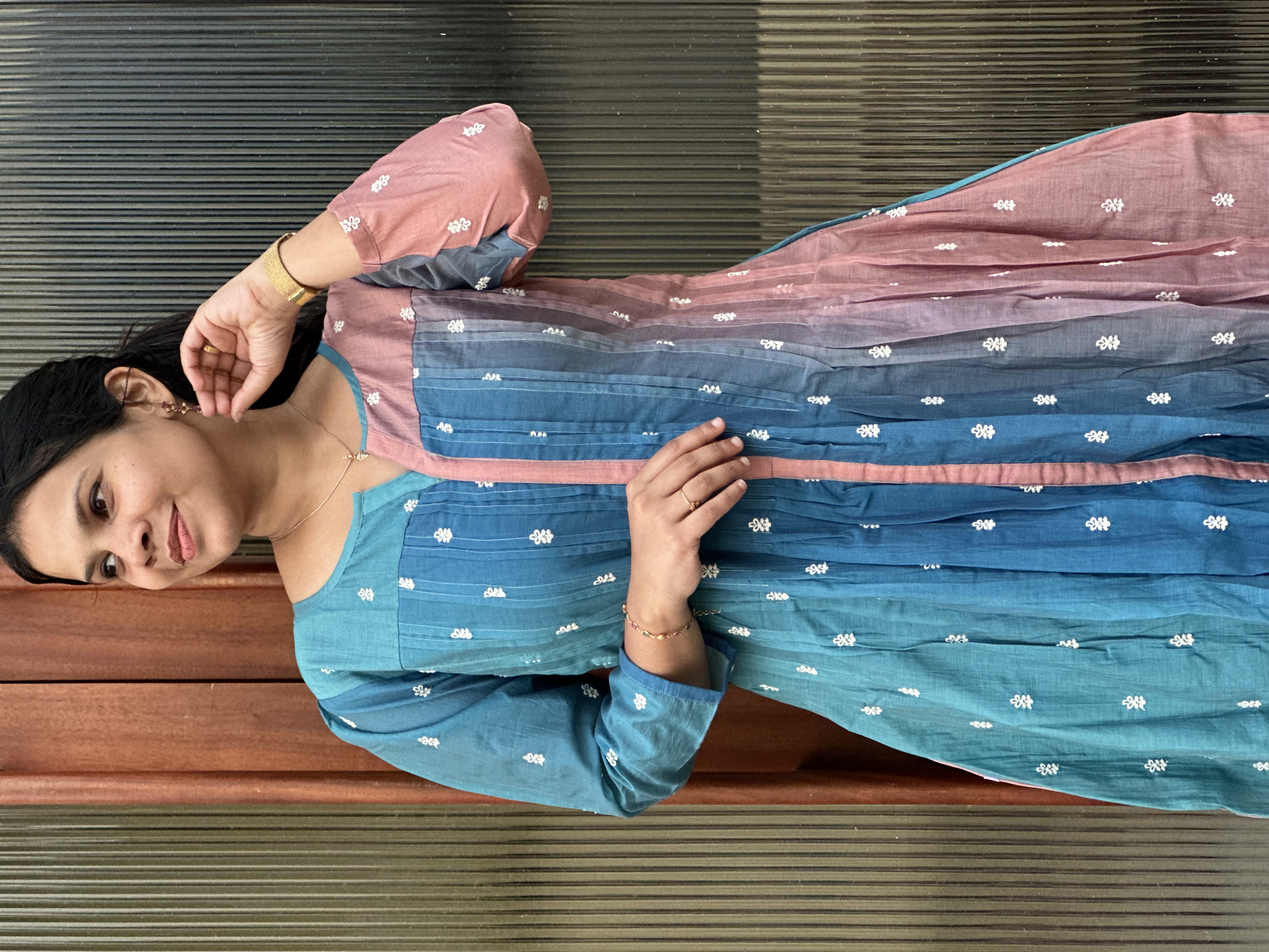 Embroidered blue pink dual-tone feeding kurti