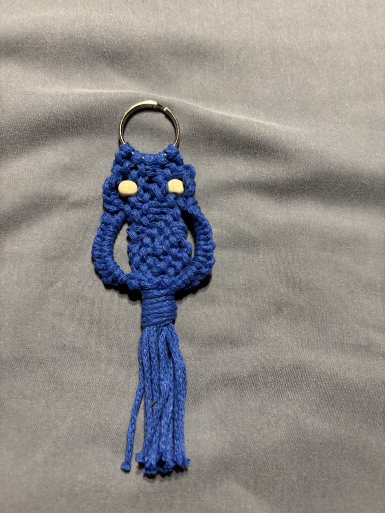 Handmade Blue Macrame Owl Keychain