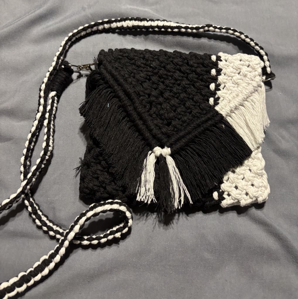 Handmade Black and White Macrame Bag