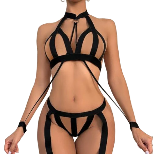 The Red Peach Strap Tease Caged Bondage Lingerie Set 