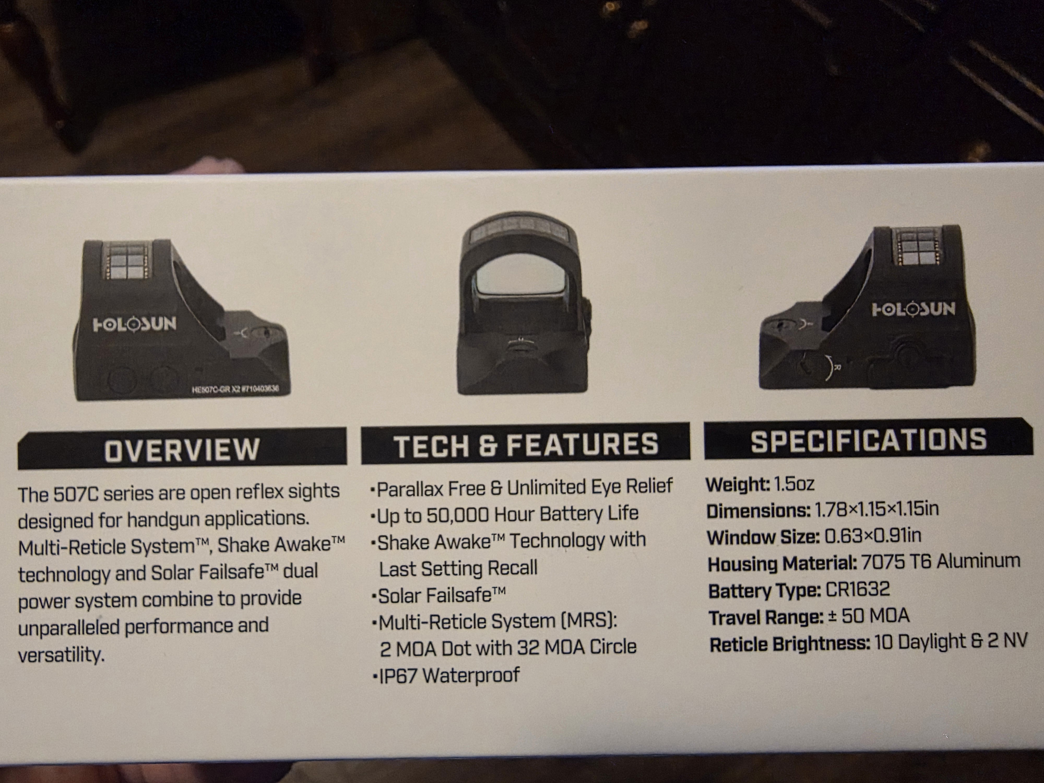  HOLOSUN 507 OPEN REFLEX GREEN MULTI RETICLE SOLAR SHAKE AWK