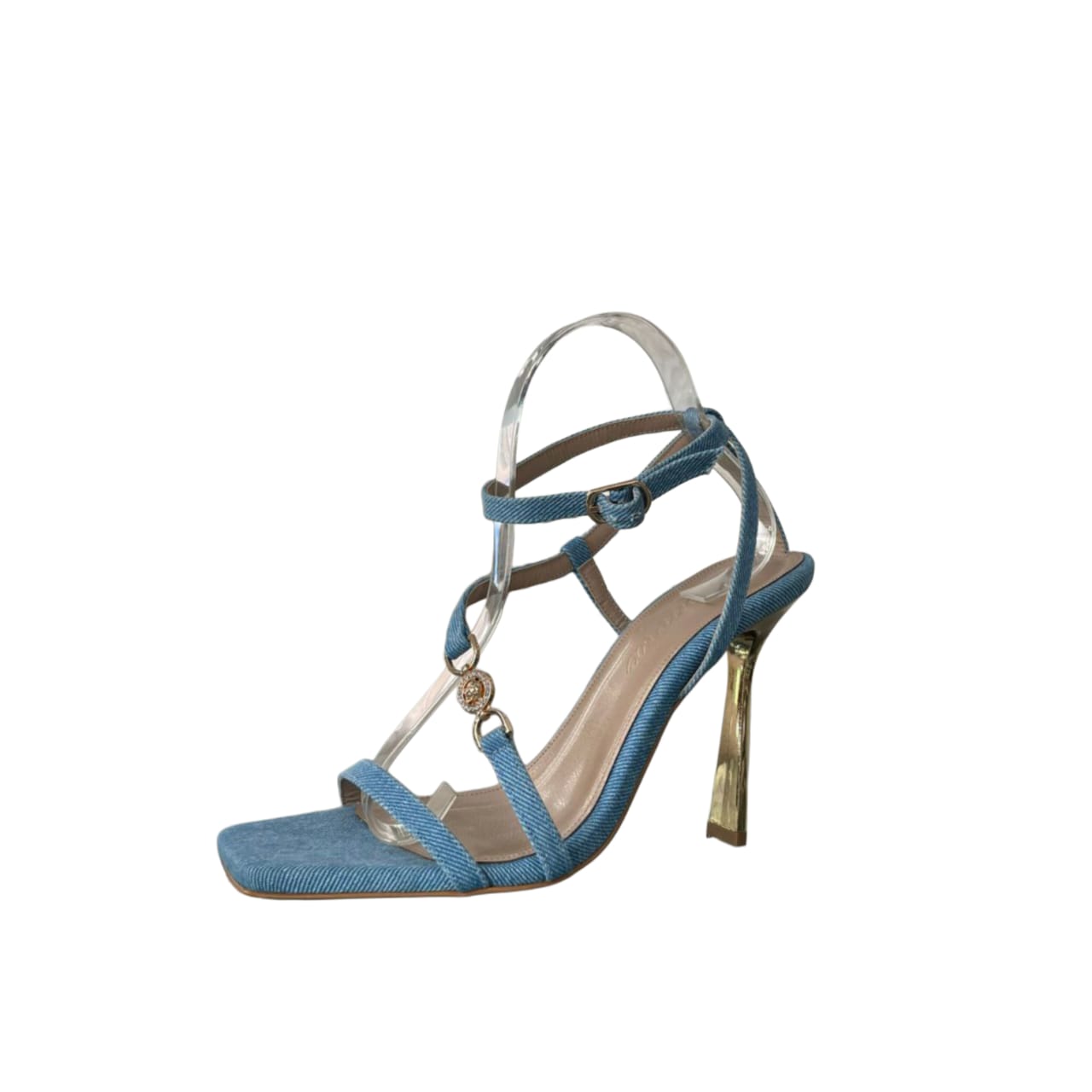 Denim Charm Stiletto Heels with Gold Accents