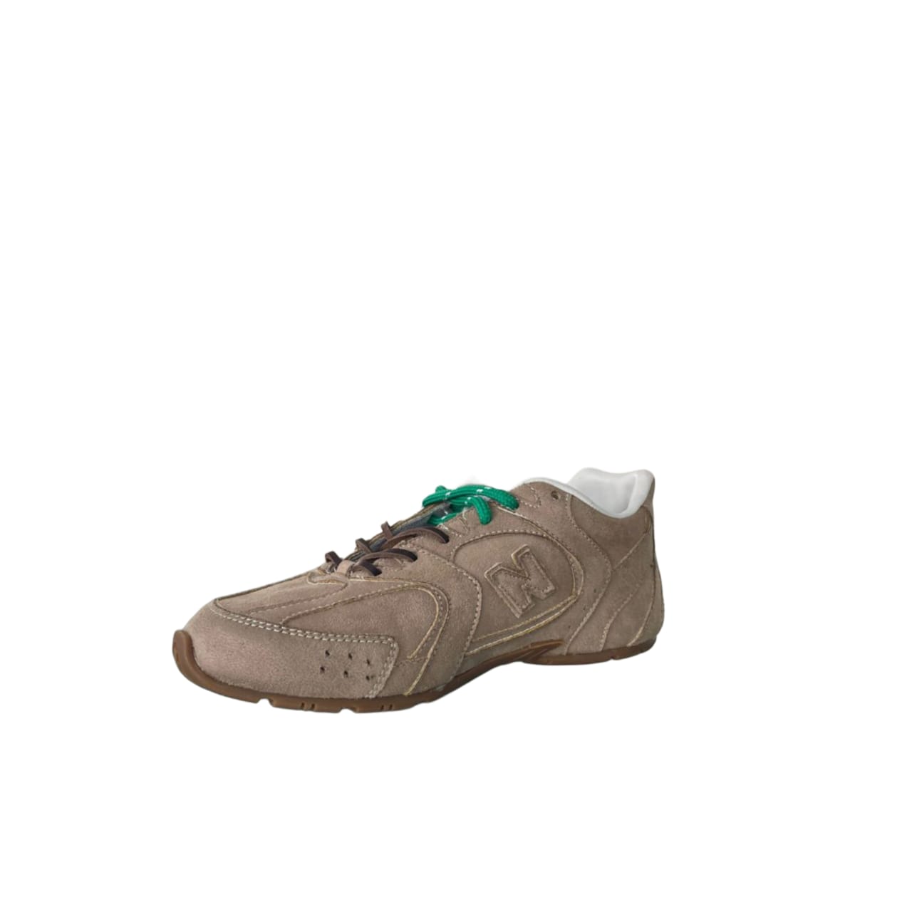 Taupe Suede Low-Top Sneakers with Green Laces
