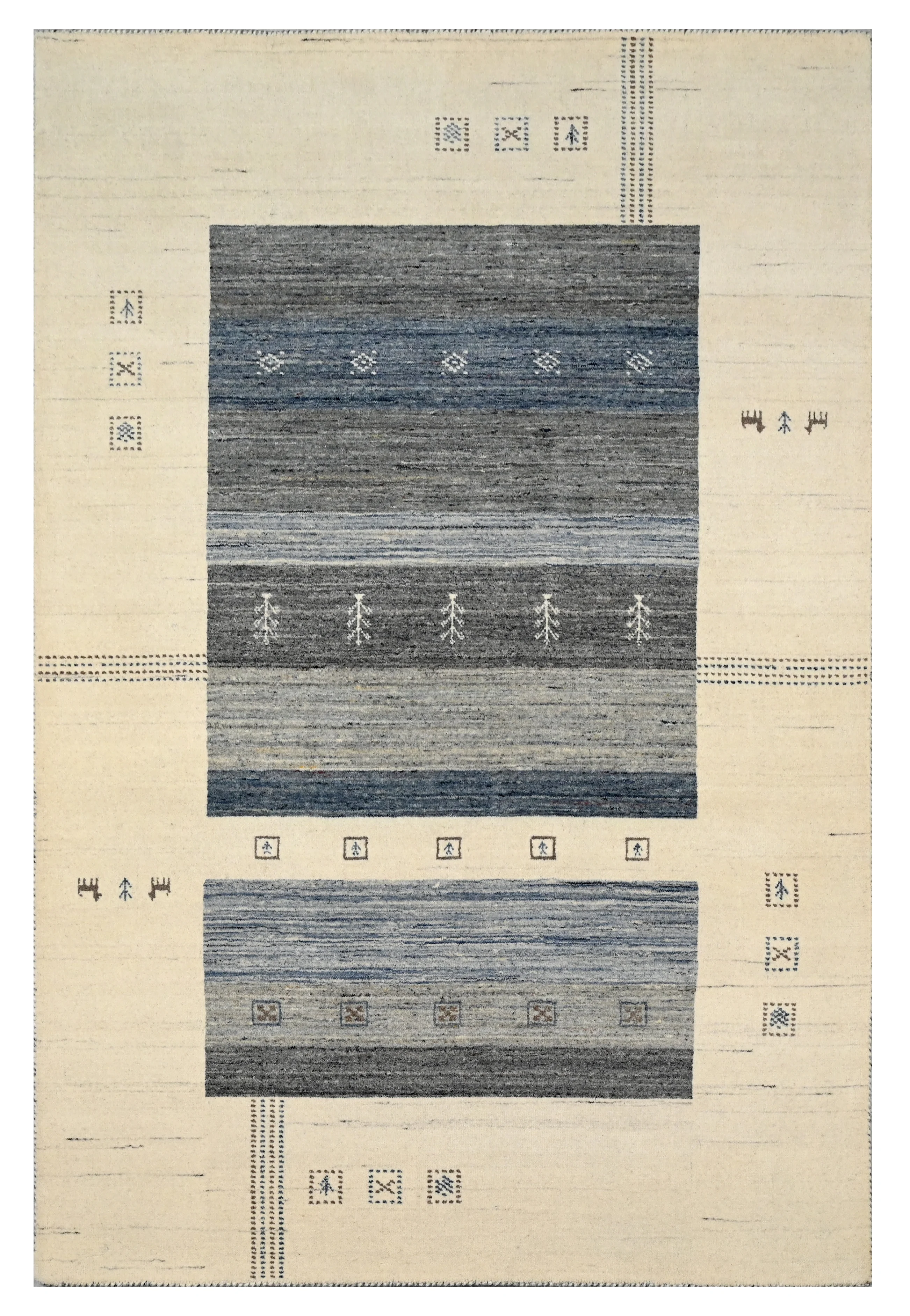 Handwoven wool rug with blue and grey pattern