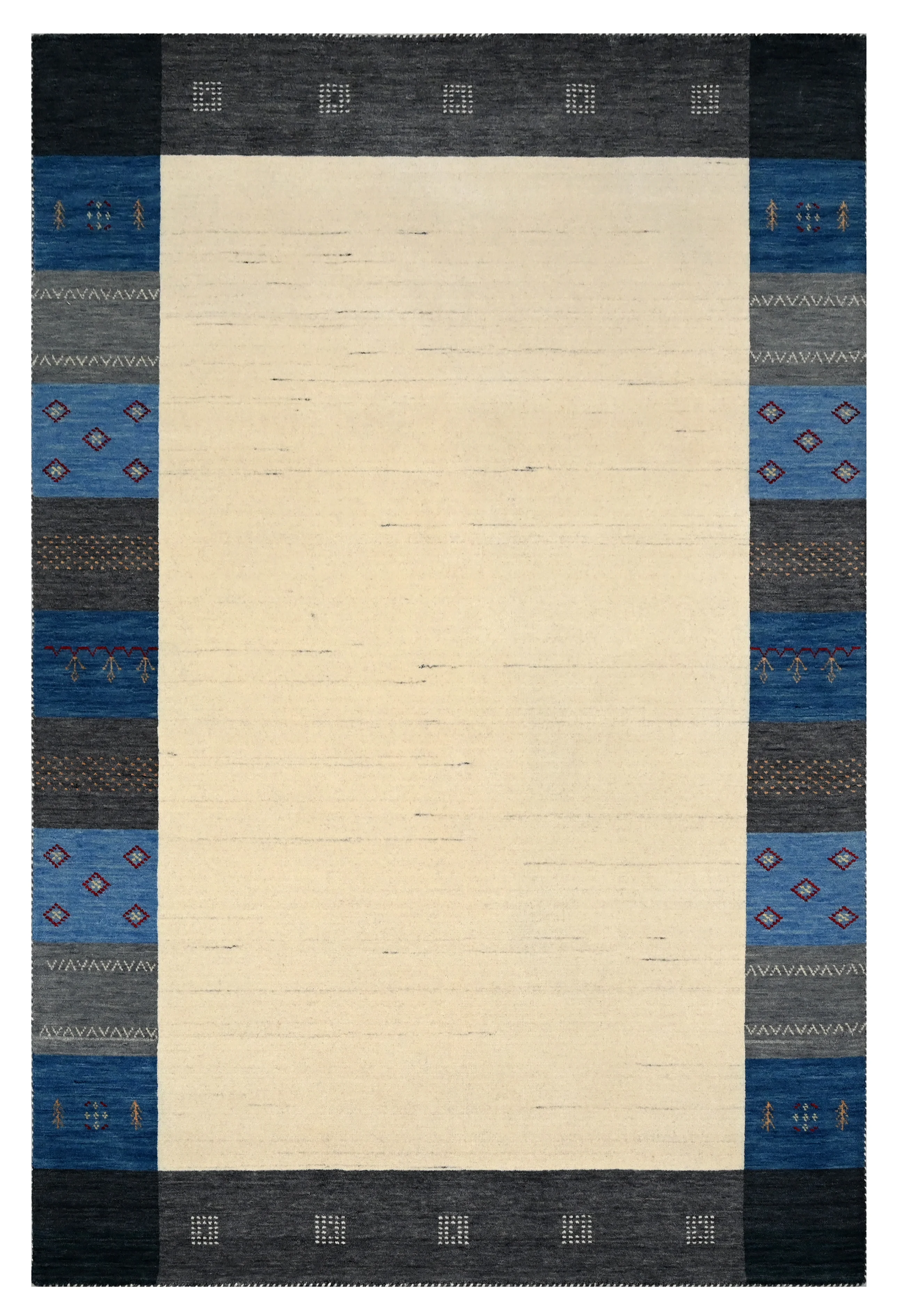 Elegant rug with blue and cream geometric borders