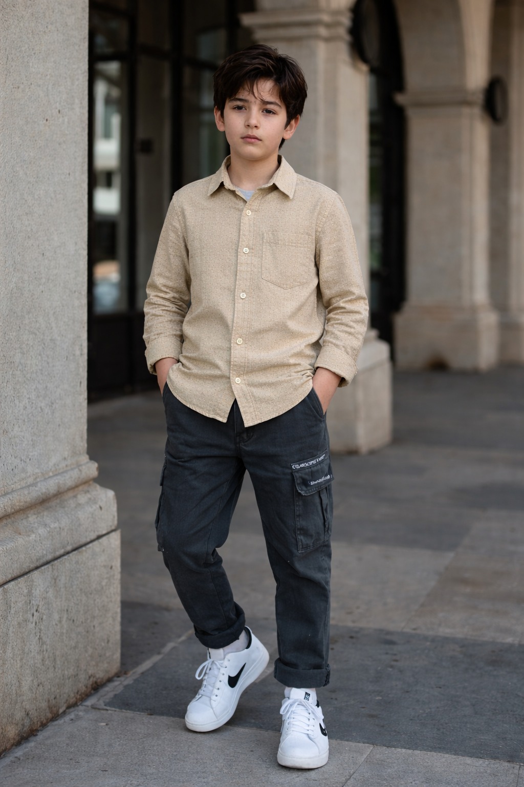Boys' Beige Shirt & Cargo Pants Set