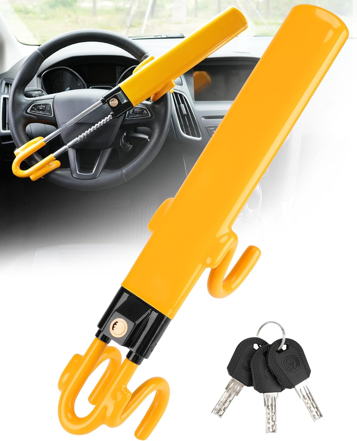 High-Visibility Twin Bar Steering Wheel Lock Length,3 Keys(Yellow)