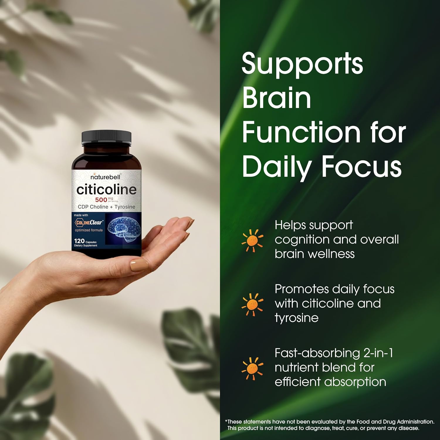 NatureBell Citicoline CDP Choline: 2-in-1 Brain Support Formula 50mg Per Serving, Optimized Dosage, 120 Capsules