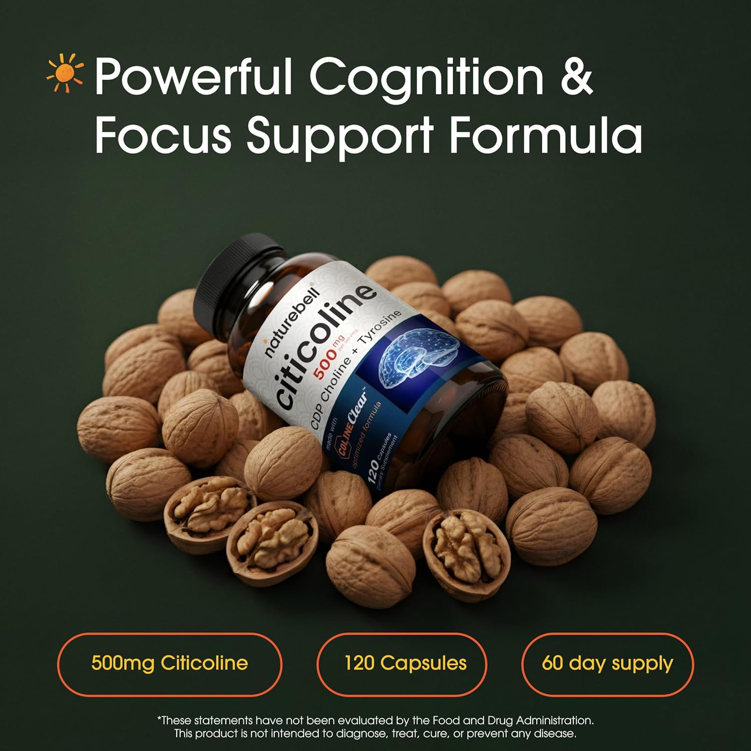 NatureBell Citicoline CDP Choline: 2-in-1 Brain Support Formula 50mg Per Serving, Optimized Dosage, 120 Capsules