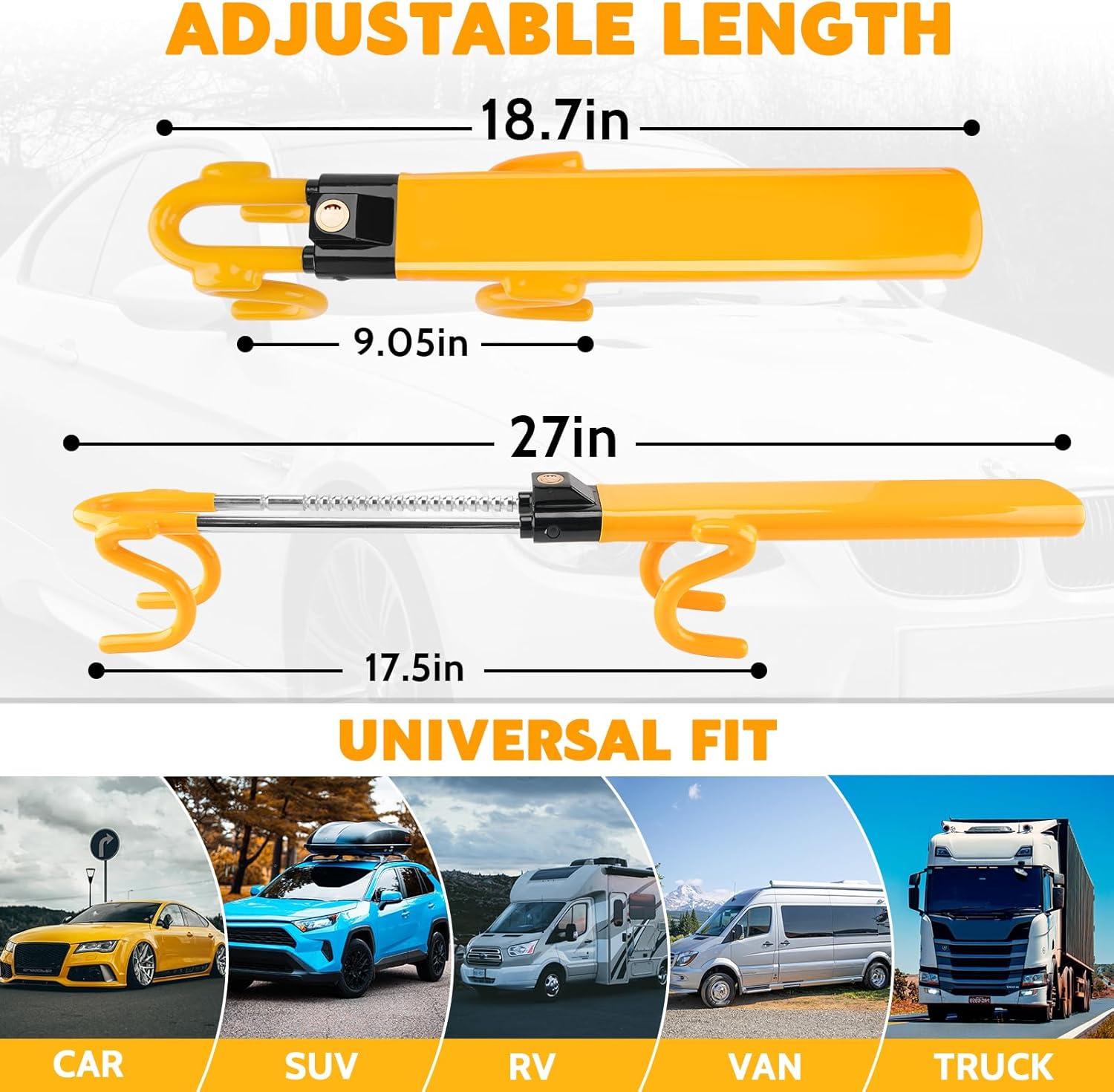 High-Visibility Twin Bar Steering Wheel Lock Length,3 Keys(Yellow)