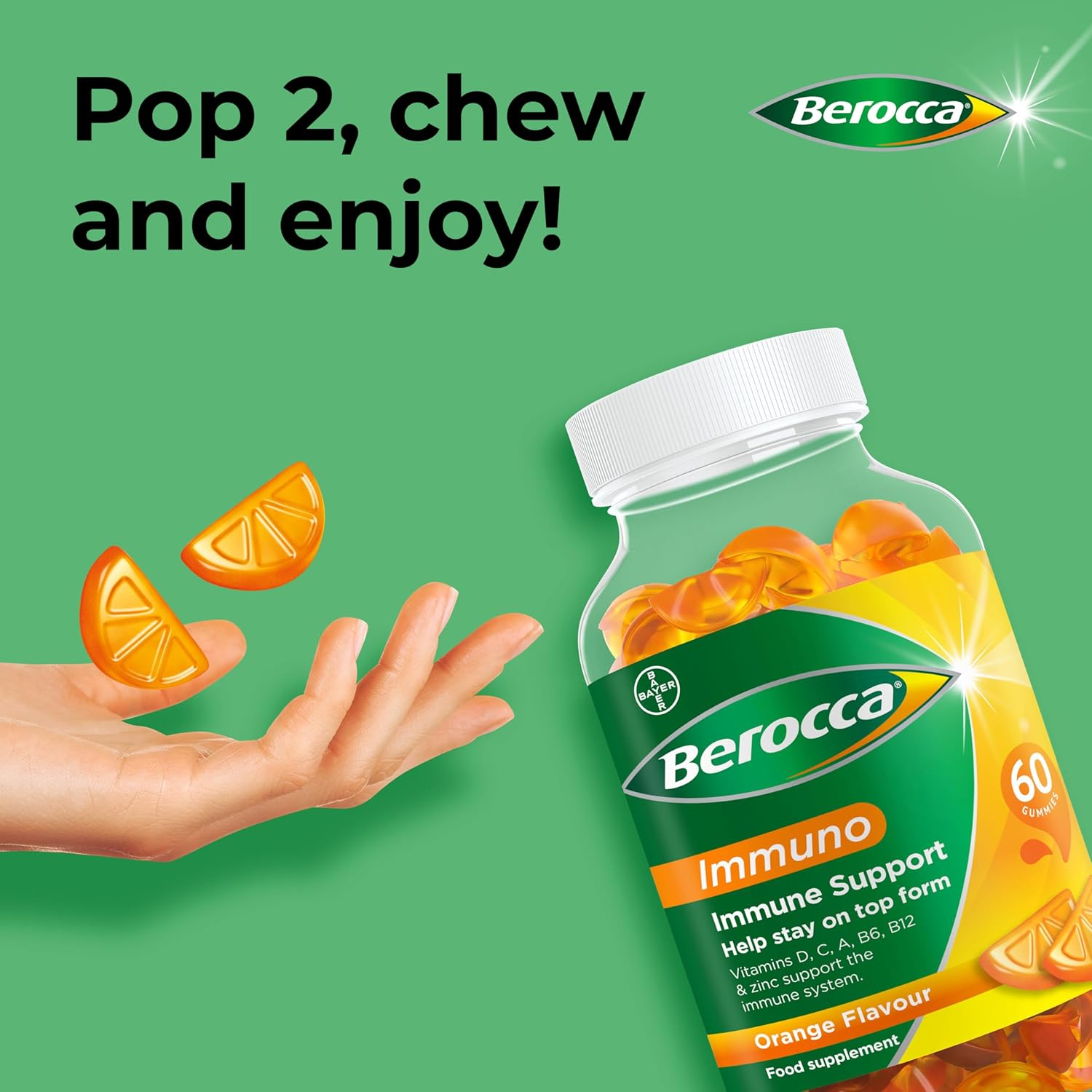 Berocca Immuno Multivitamin Gummies (60 Count) t Including Vitamin D, C, A, B-Complex (B6, B7, B12), E and Zinc - Supplement
