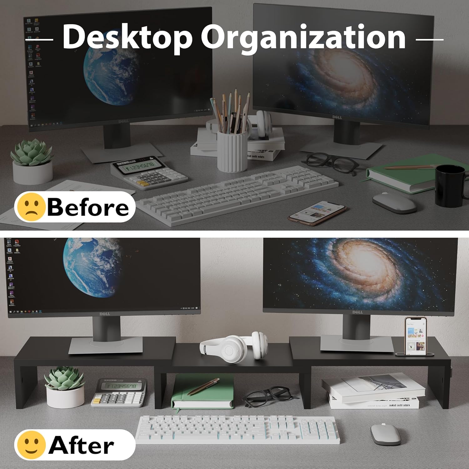 Adjustable Dual Monitor Stand & Desk Organizer