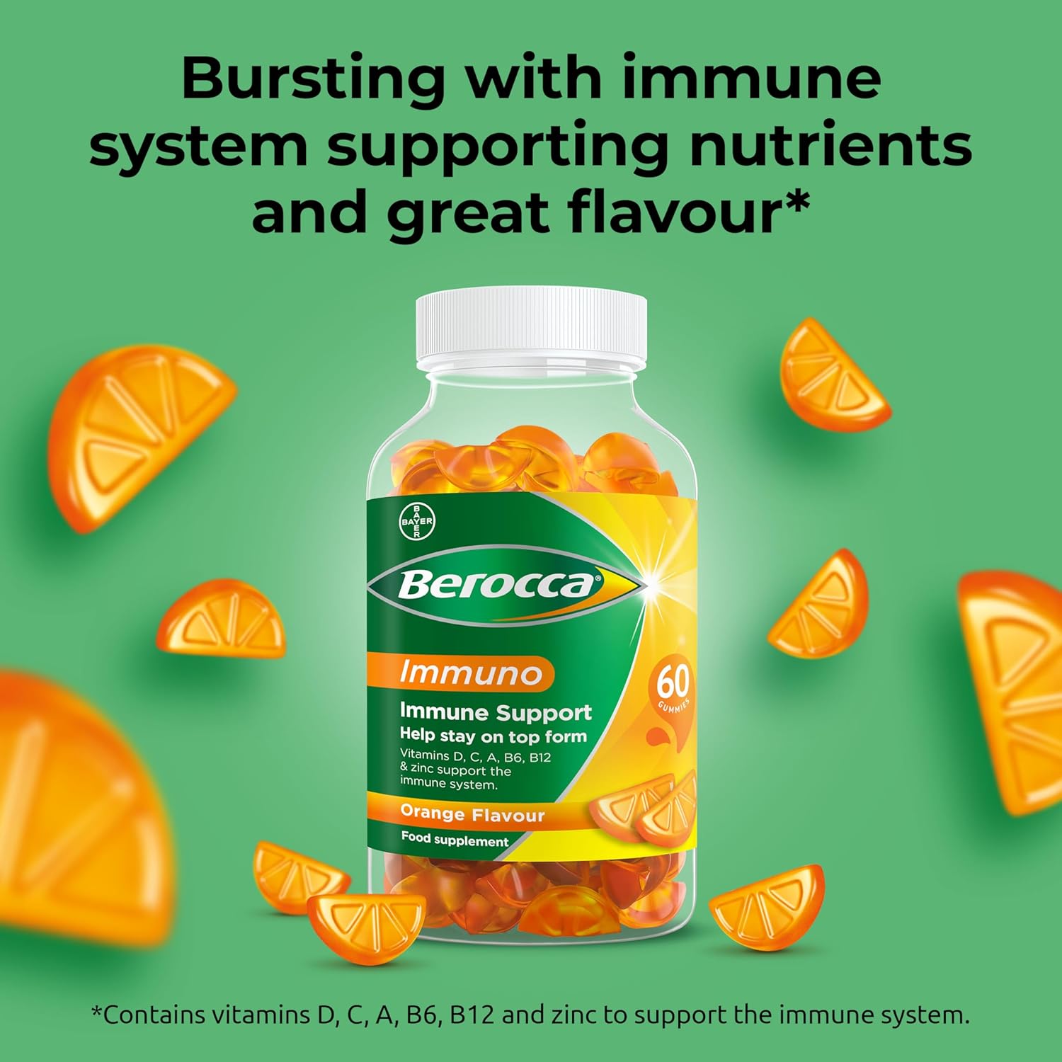 Berocca Immuno Multivitamin Gummies (60 Count) t Including Vitamin D, C, A, B-Complex (B6, B7, B12), E and Zinc - Supplement