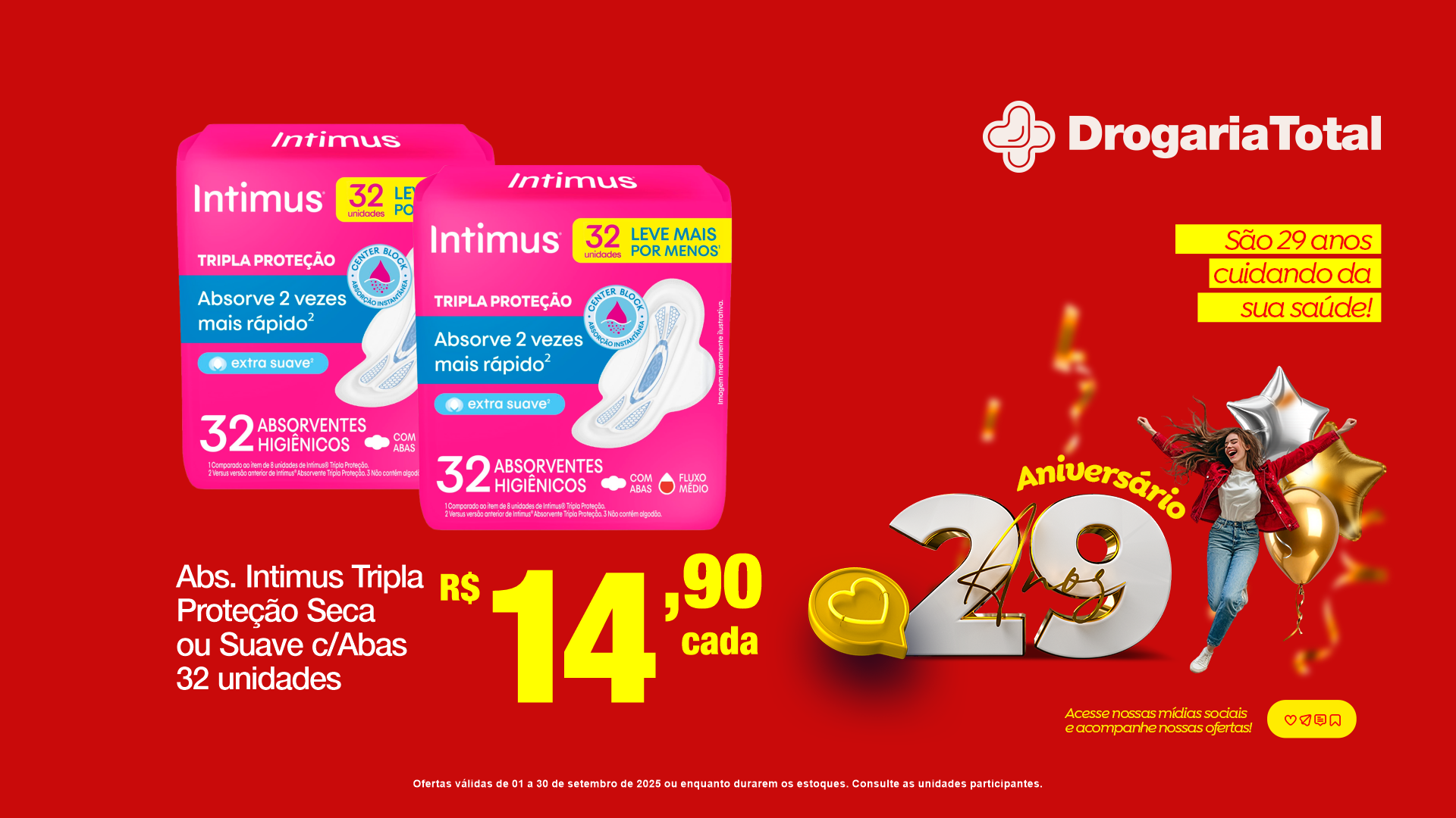 Absorvente Intimus Tripla Proteção Seca ou Suave 32 unidades Drogaria Total Eloy Chaves Jundiaí