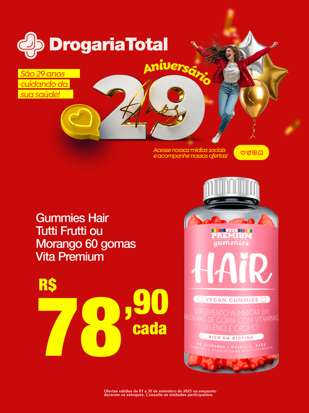 Gummies Hair Tutti Fruit ou Morango 60 gomas Vita Premium Drogaria Total Eloy Chaves Jundiaí