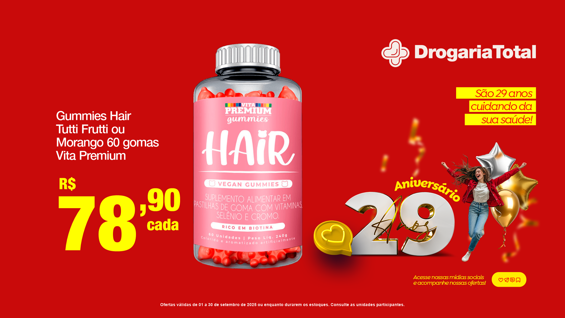 Gummies Hair Tutti Fruit ou Morango 60 gomas Vita Premium Drogaria Total Eloy Chaves Jundiaí