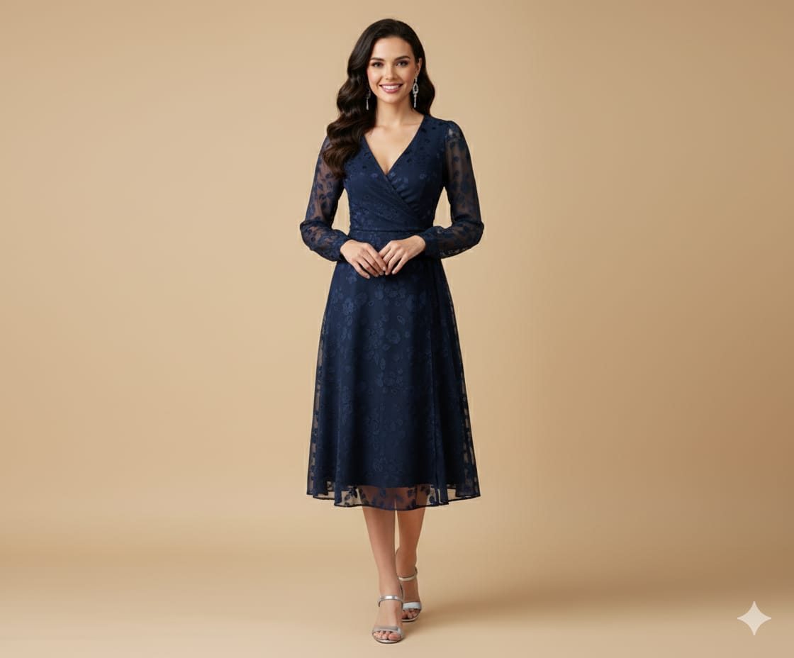 Vestido elegante azul marino con bordados florales