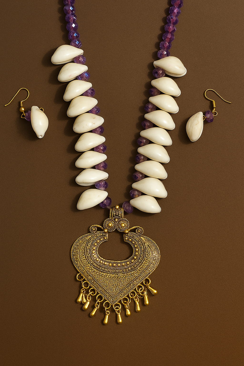"Handcrafted Cowrie Shell & Purple Beads Necklace Set with Golden Antique Pendant & Earrings for Women"