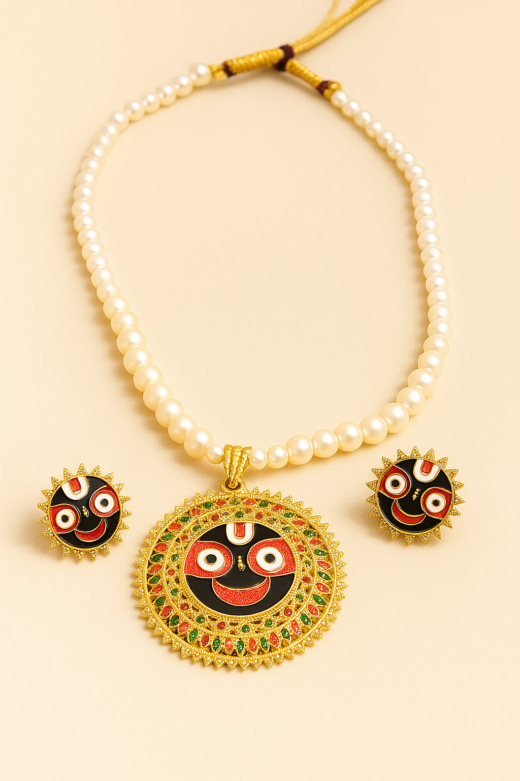 "Premium Lord Jagannath Pendant Pearl Necklace & Matching Earrings Set – Golden & Multicolour"