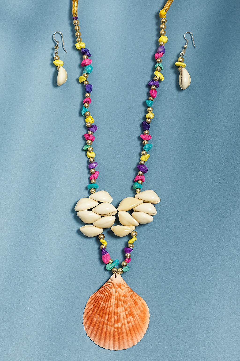 "Handcrafted Cowrie Shell & Multicolor Beads Necklace Set with Silver Oxidized Pendant and Earrings for Women"