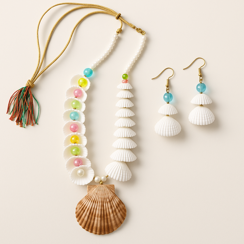 Handmade Multicolor Seashell Necklace with Pearl Beads – Boho Beach Jewelry
