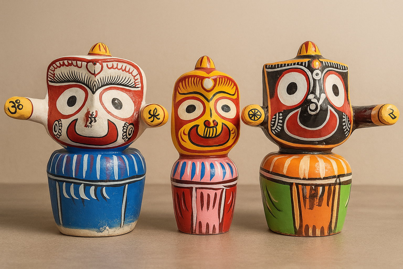 "Hand-Painted Jagannath, Balabhadra & Subhadra Idol Set | Decorative Showpiece for Home & Temple"