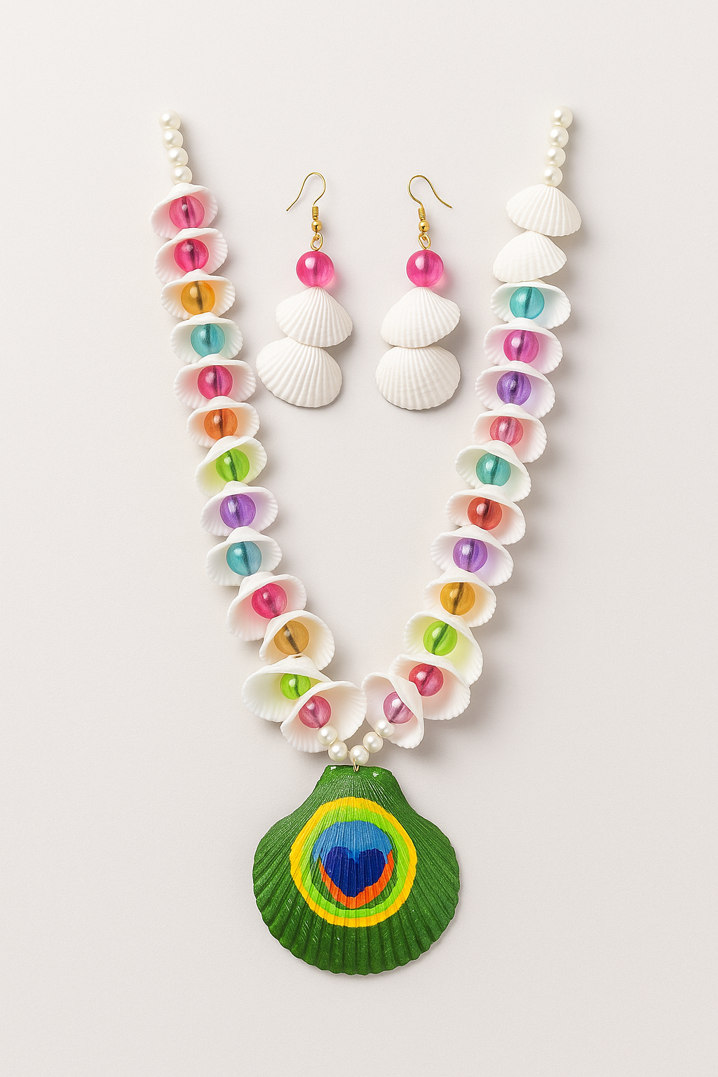 "Handcrafted Boho Seashell Necklace & Earring Set with Peacock Touch – Vibrant Multicolour Design"