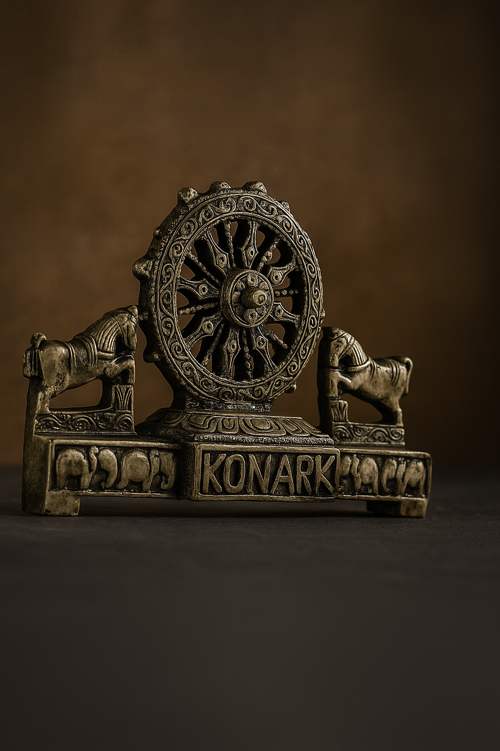 Handcrafted Sun Temple Konark Wheel Showpiece – Antique Brown, Marble Dust(Medium)