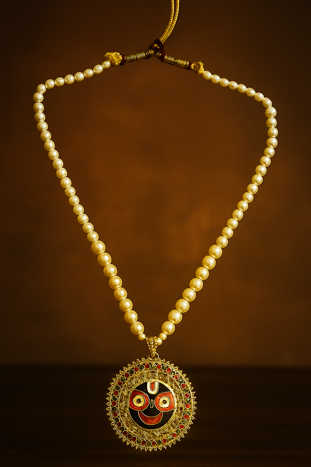 "Premium Lord Jagannath Pendant Pearl Necklace & Matching Earrings Set – Golden & Multicolour"
