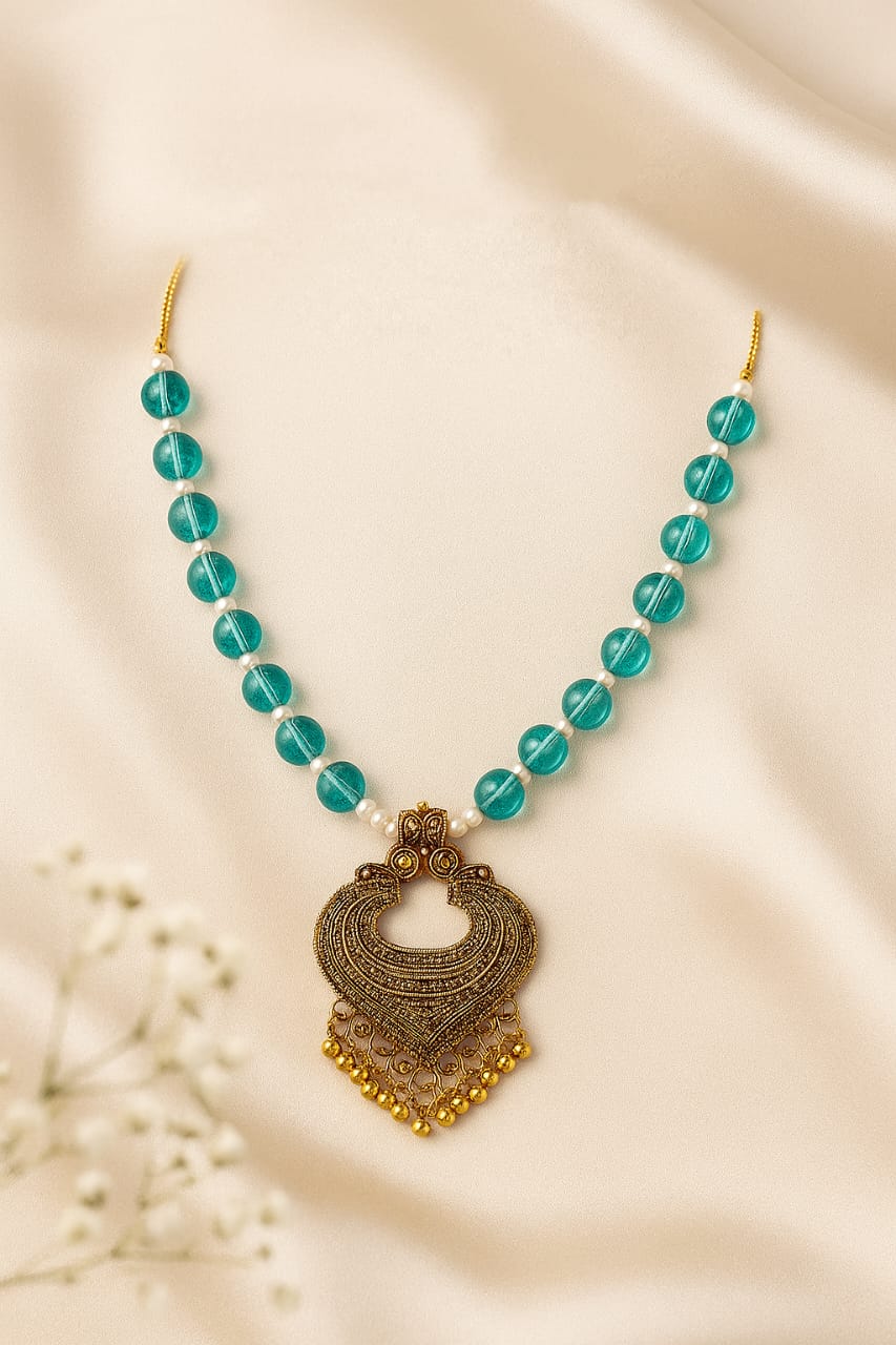Traditional Antique Pendant Necklace with Blue Beads