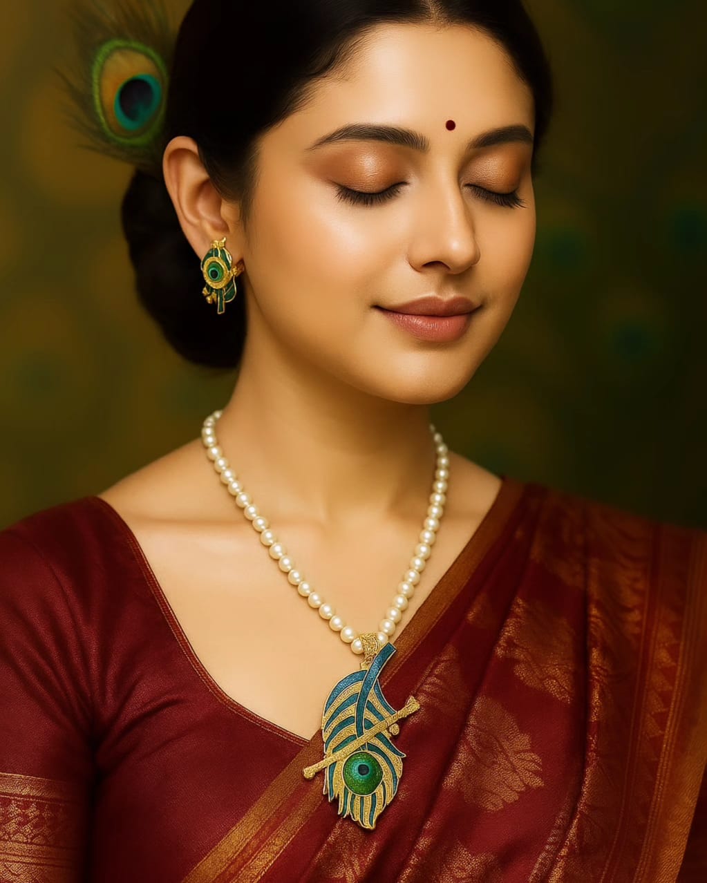 Elegant Pearl Necklace Set with Peacock Feather Pendant & Matching Earrings