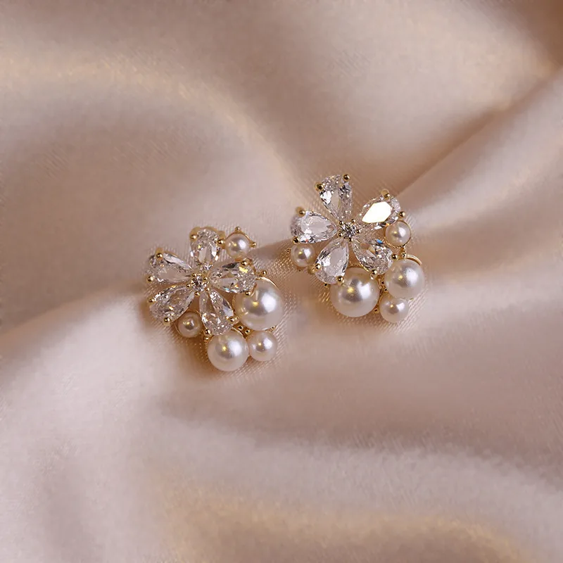 Elegant Floral Pearl & Crystal Stud Earrings