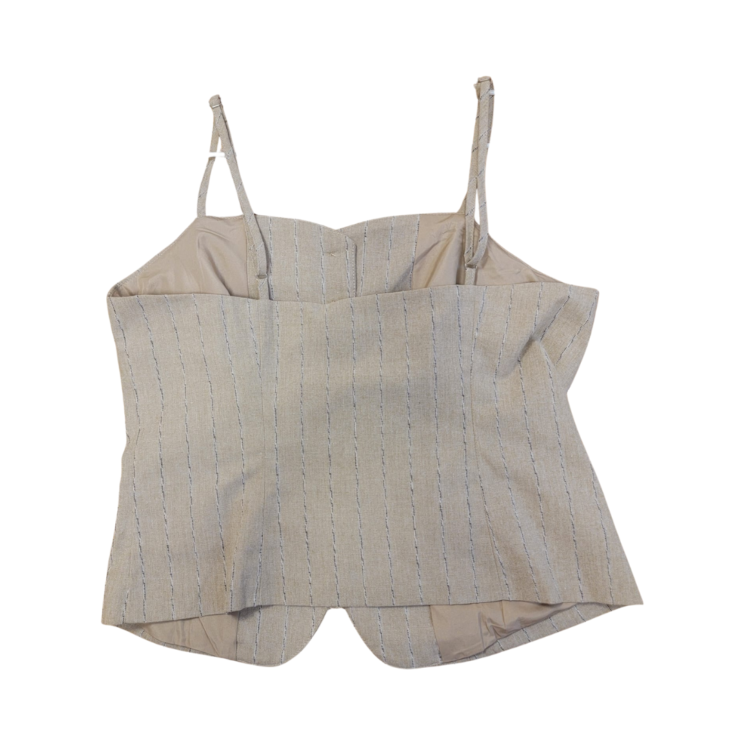Top court boutonné en lin à fines rayures beiges