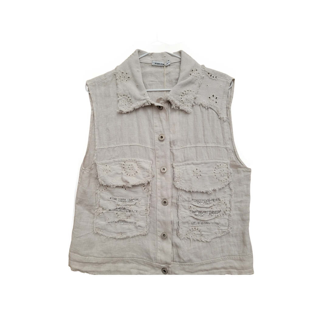 Gilet boutonné sans manches vintage en lin