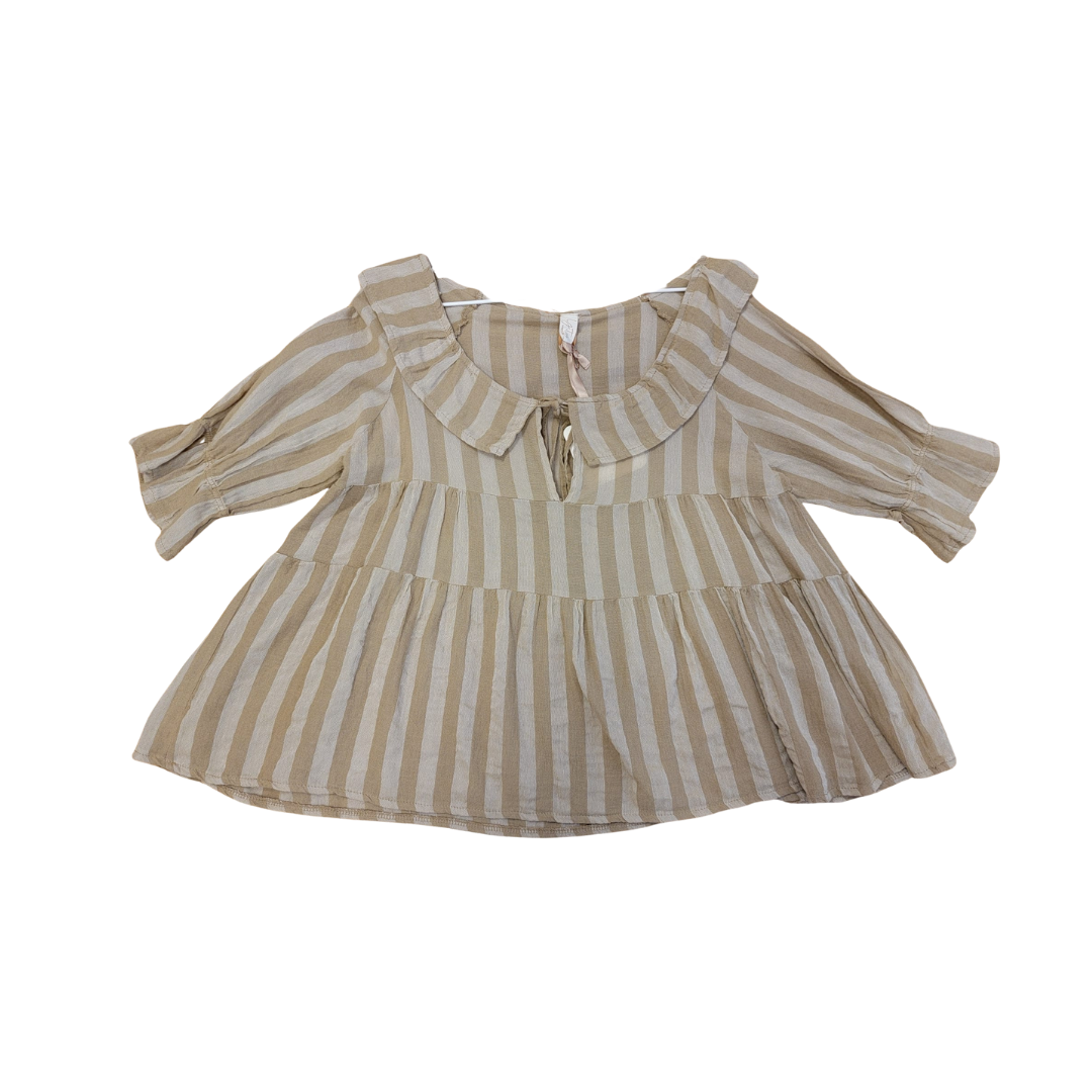 Blouse col claudine en lin beige rayé