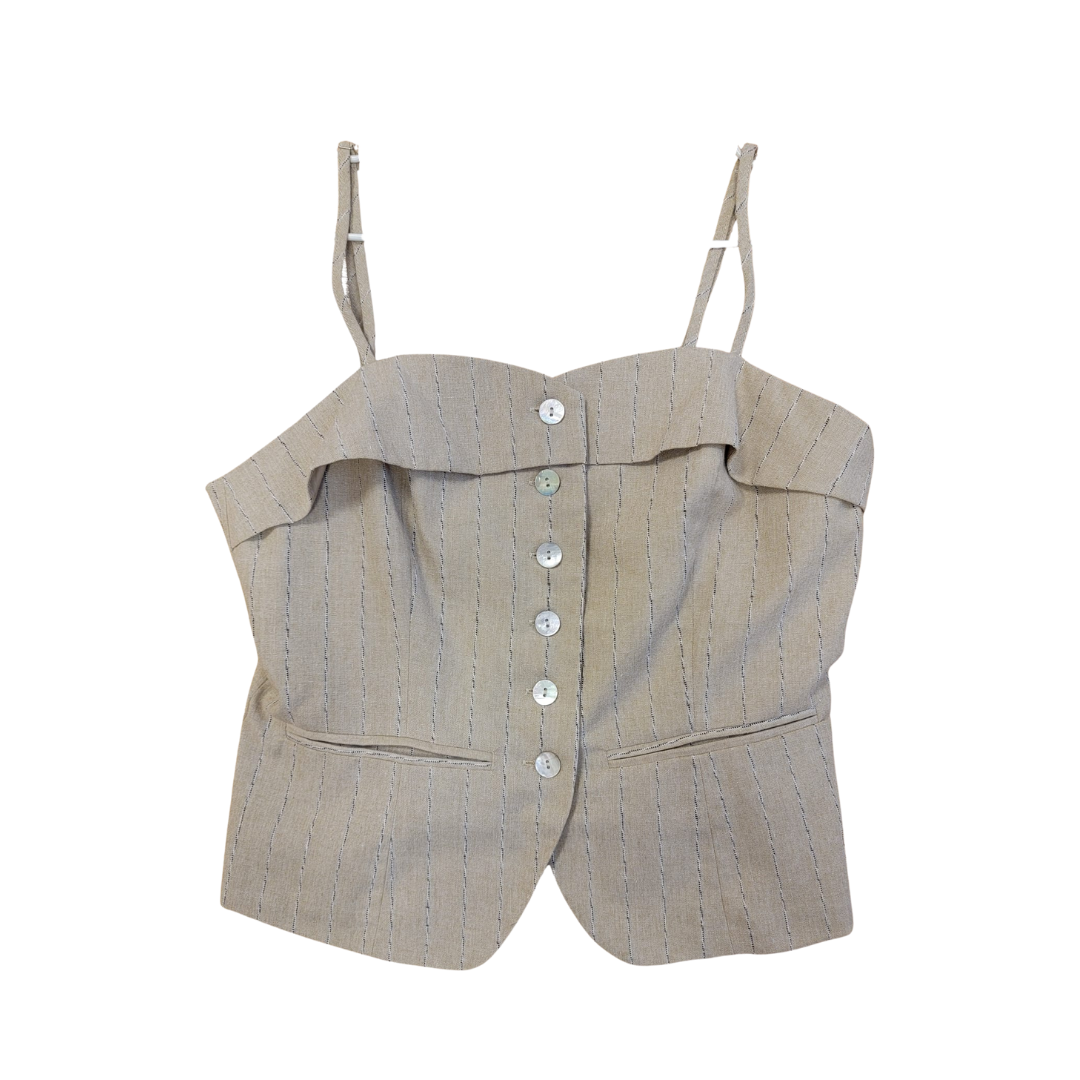 Top court boutonné en lin à fines rayures beiges