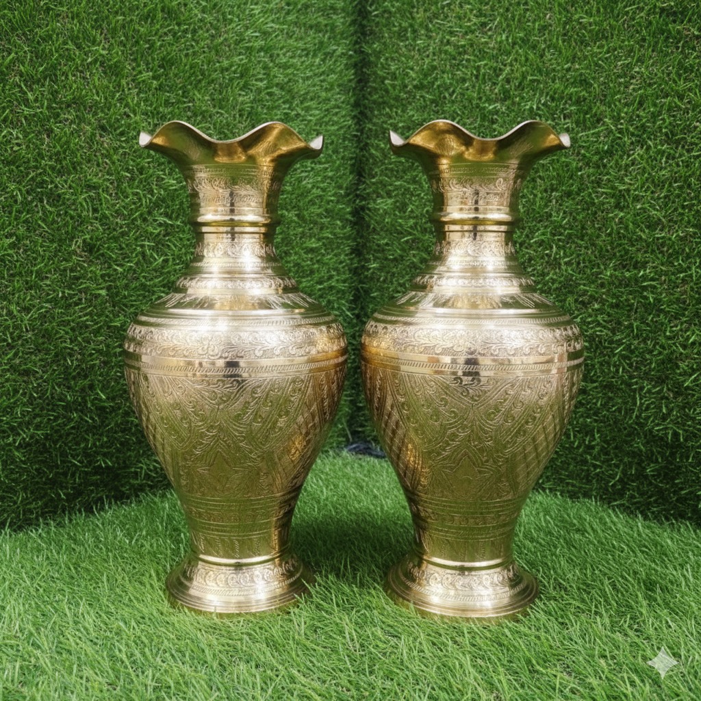 Brass jar 12 inch golden work one pair