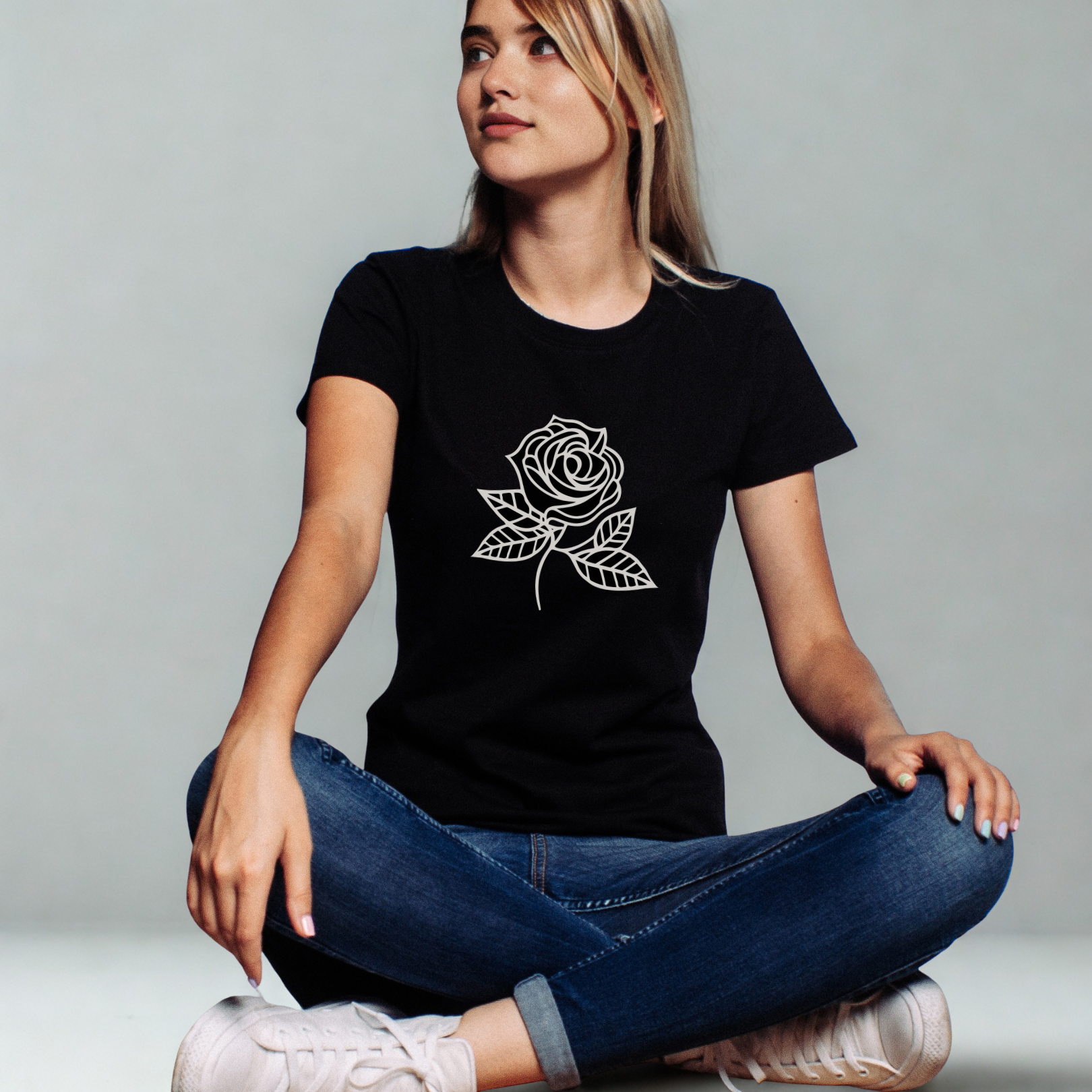 Black T-shirt with Rose Design | Organic Cotton