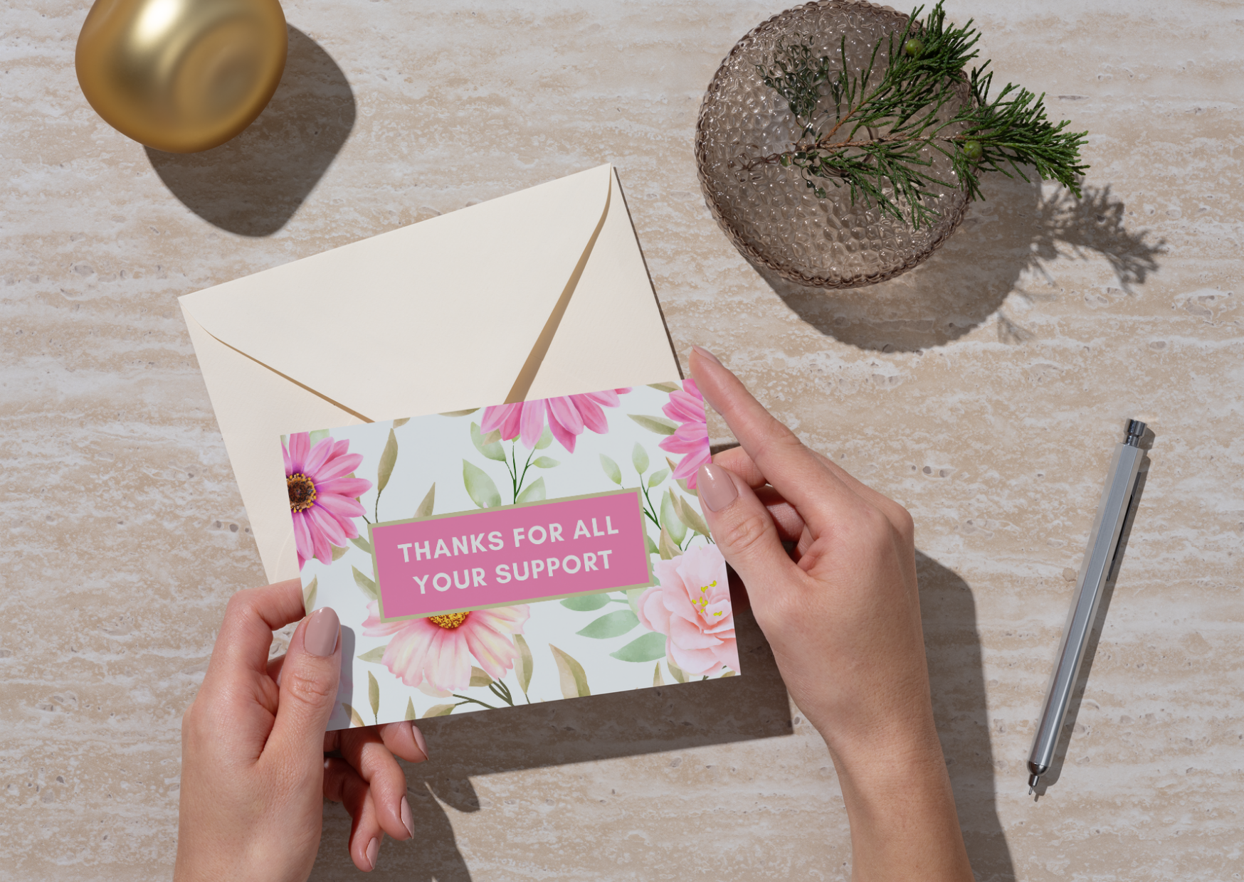 Floral Thanks For All Your Support Pack of 6 Note Cards