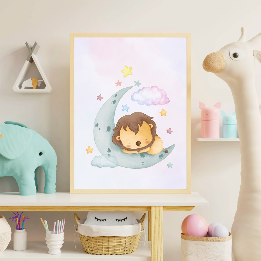 Lion on the Moon Nursery Poster